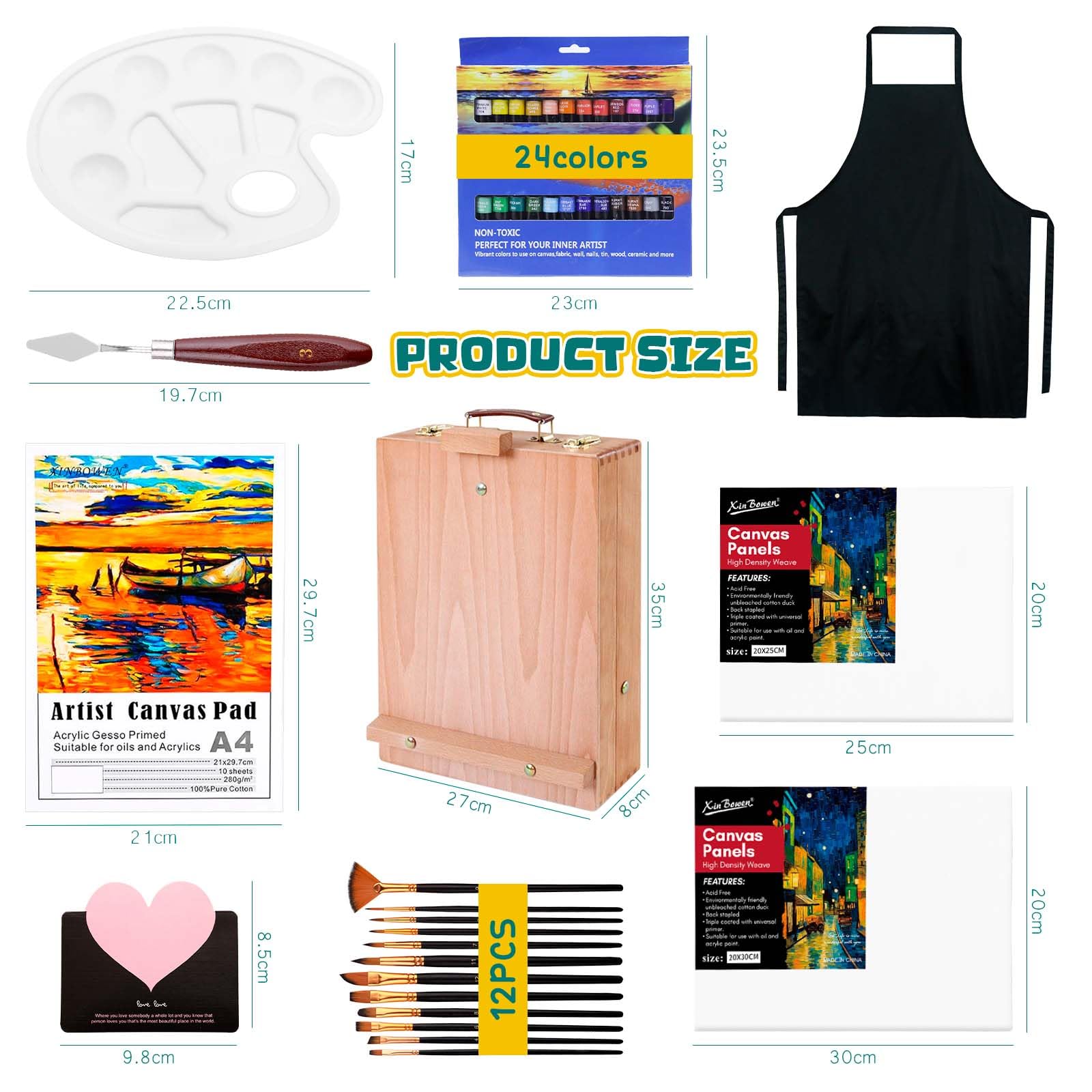 UCAMP Cavalletto Pittura,Cavalletto da Tavolo,Set di pittura acrilica da 44 pezzi,24 colori acrilici,12 pennelli,Spatola, Grembiuli,Tavolozza Colori e Tela A4,per Professionisti e Hobbisti