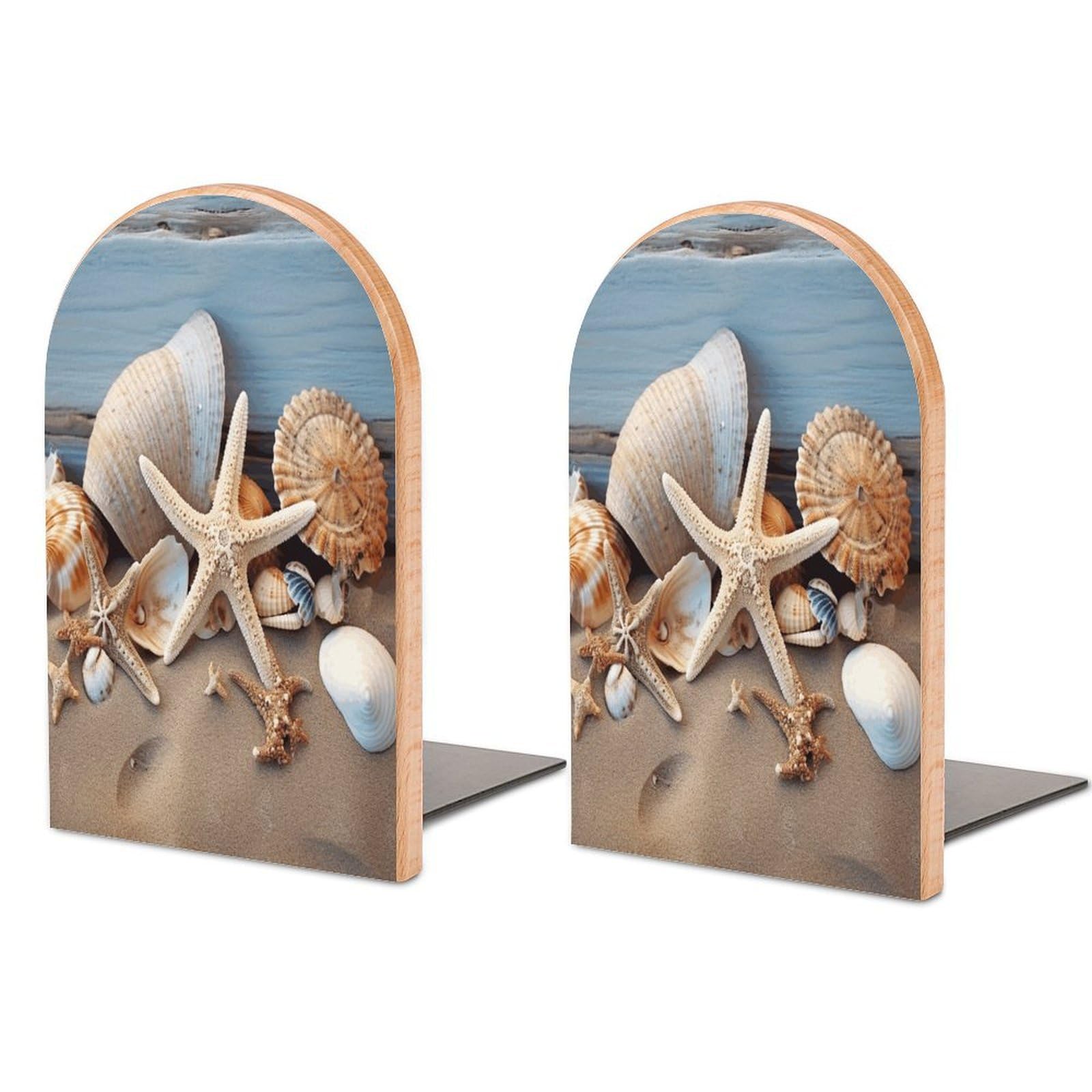 Seashells Starfish Sand Bookend Non-Skid Wooden Bookends for Shelves Heavy Duty Wood Book Ends Decorative Book Stopper Book Stand Non-Slip Book Organizer for Home Office Library