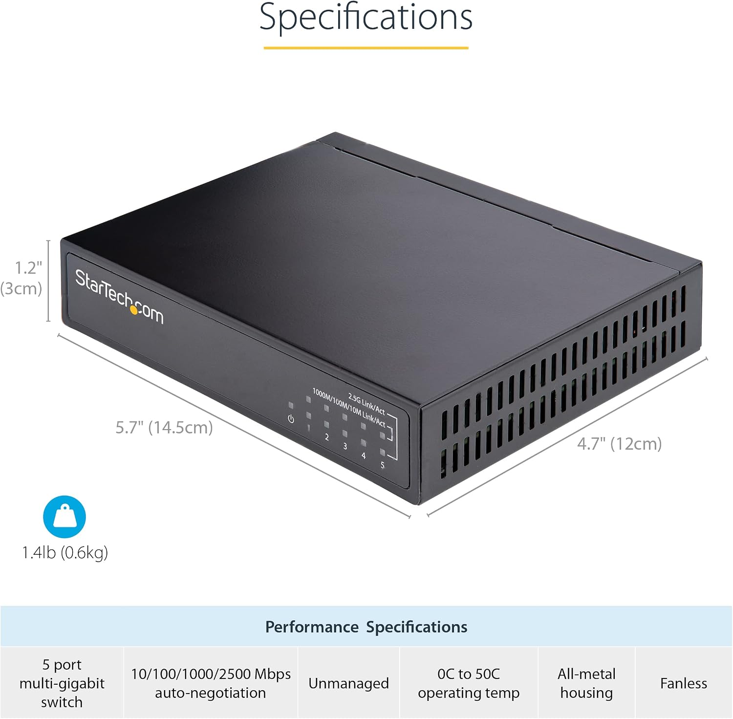 StarTech.com Unmanaged 2.5G Switch - 5 Port Gigabit Switch - 2.5GBASE-T Unmanaged Switch - Network Switch - Desk or Wall Mount - Backwards Compatible with 10/100/1000Mbps Devices - 9K Jumbo (DS52000)