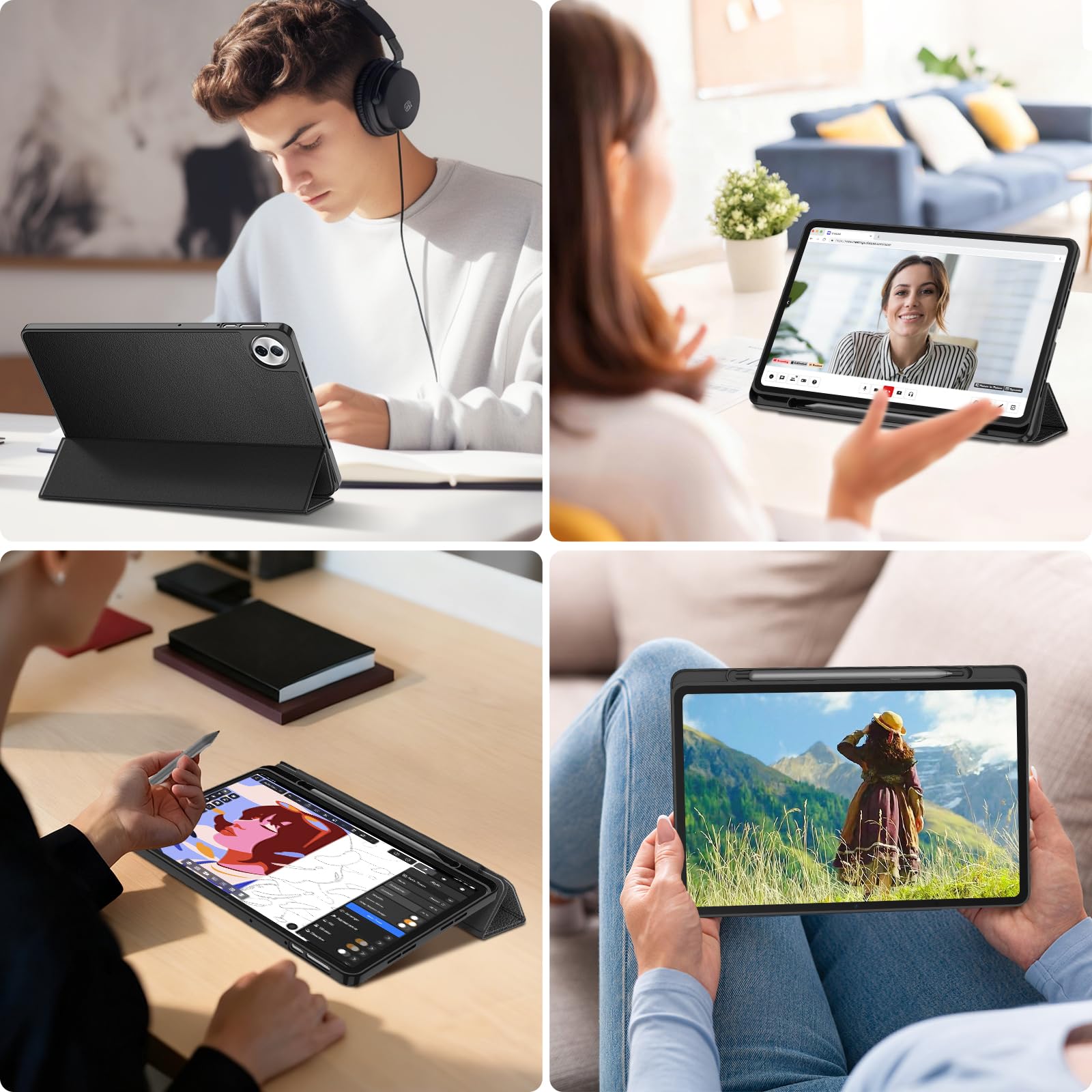 Fintie Etui na tablet Honor Pad 10/Pad 20 12,1 cala 2025 z uchwytem na długopis - ultracienkie, miękkie etui ochronne z TPU z funkcją automatycznego wygaszenia/wybudzenia, czarne