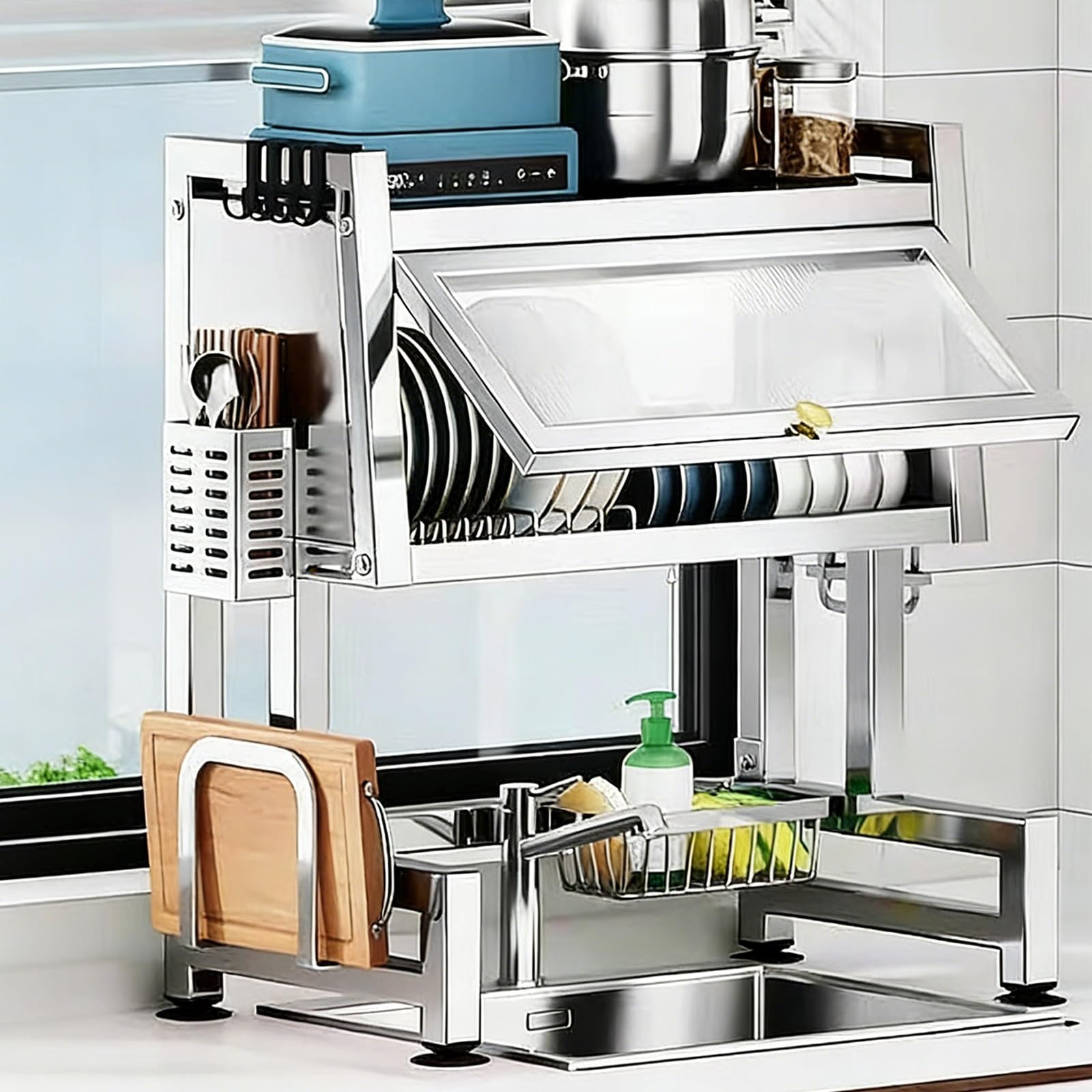 THNSAWX 304 Stainless Steel Dish Drying Rack, Flip Over Sink Dish Drainer Rack, Kitchen Storage Organized Shelf, Space-Saving, Load Capacity: 100 Kg(85cm/33.4in)