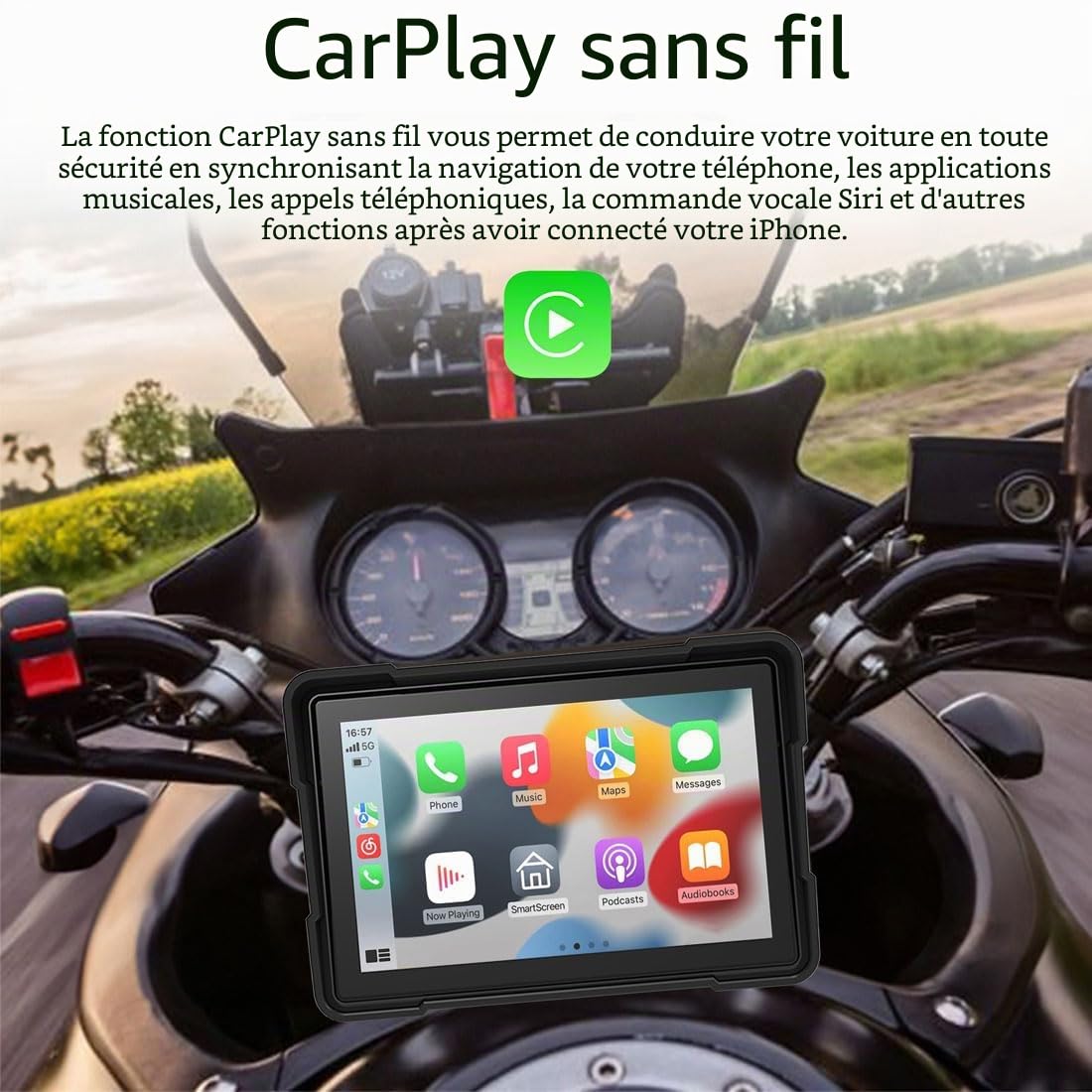 Écran Tactile Portable de 5 Pouces pour Moto, écran Tactile sans Fil CarPlay et Android Auto, Double Bluetooth, étanche IP66, Prend en Charge Siri et G-oogle Assistant
