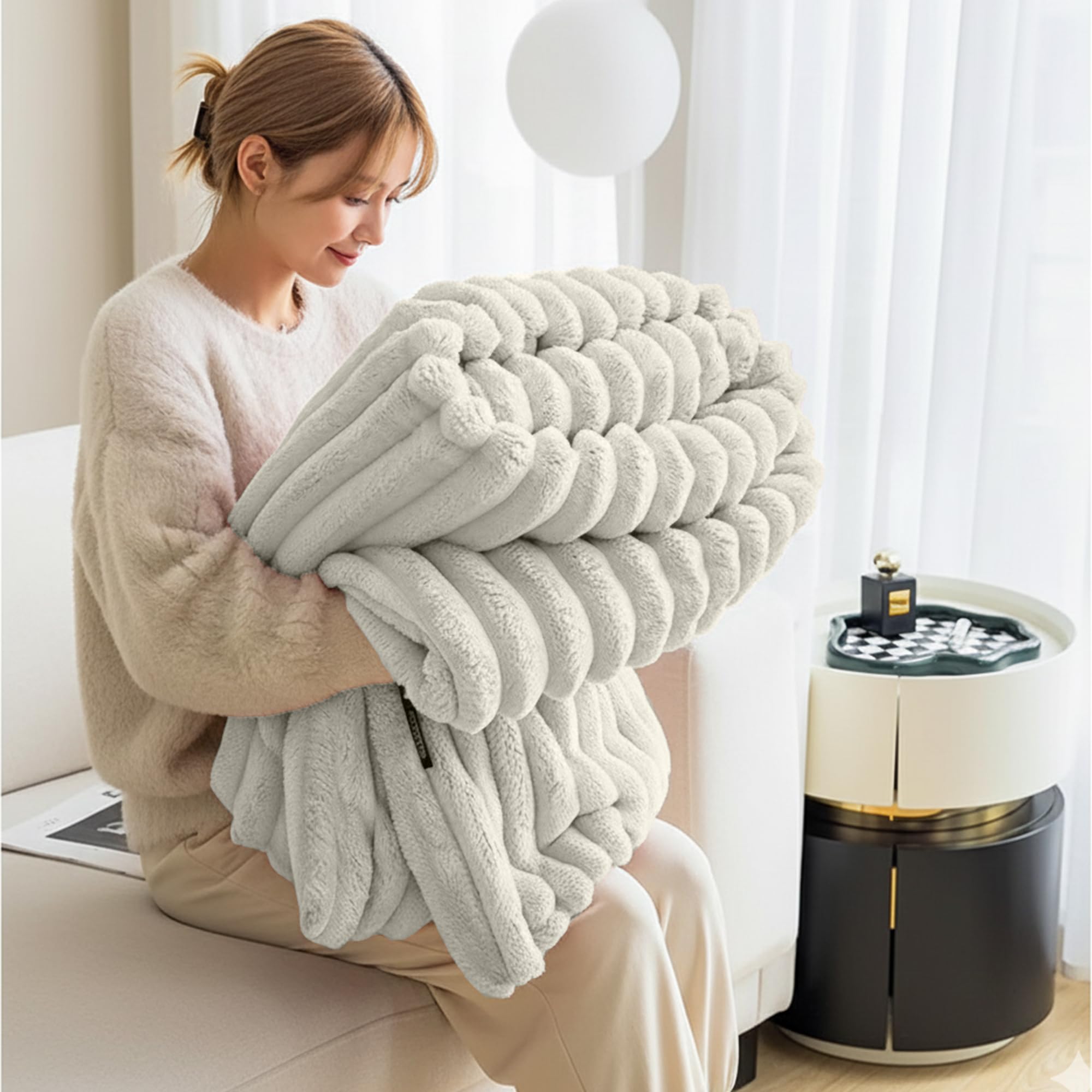 Jupiterjx Beige Fleece Throw Blanket For Sofa – Single Fluffy Bed Throws For Couch Cozy Plush Thick Warm Blankets With Ribbed Striped Pattern (170X130cm, )