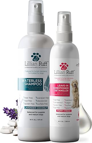 Lillian Ruff Champú seco sin enjuague para perros sin agua, acondicionador y desenredante sin enjuague, pH equilibrado para perros después del baño,