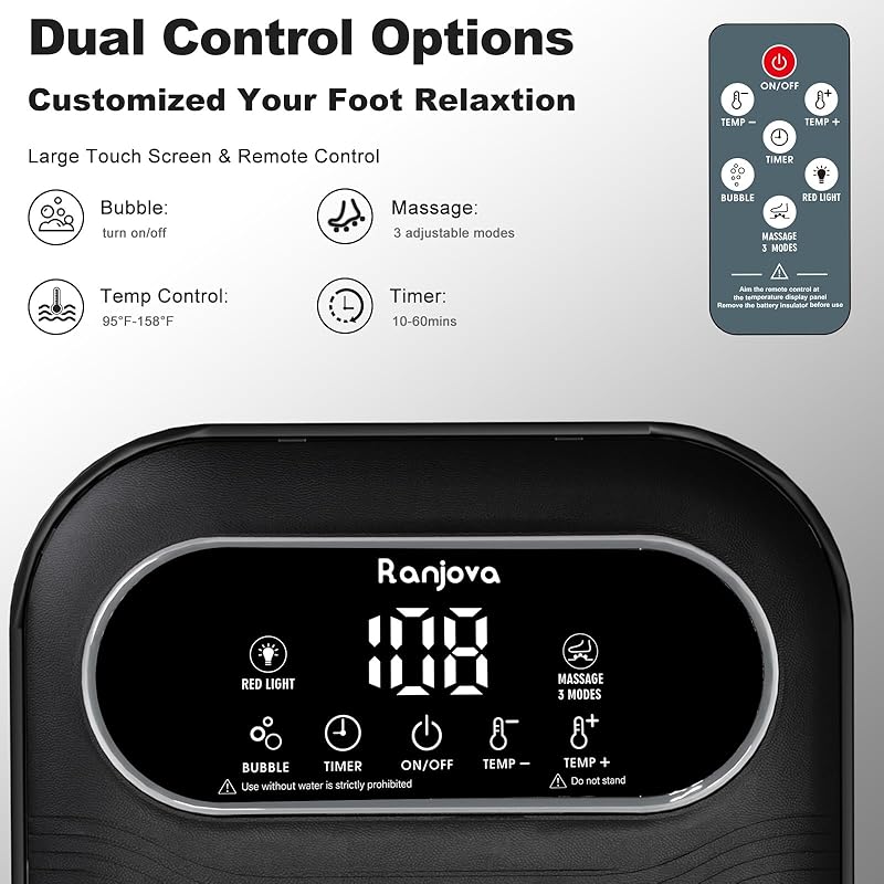 Collapsible Foot Spa Electric Rotary Massage, Foot Bath with Remote Control, Heat, Bubble, Temp Control, and 24 Motorized Shiatsu Massage Balls, Pedicure Foot Spa Tub for Stress Relief (Black)