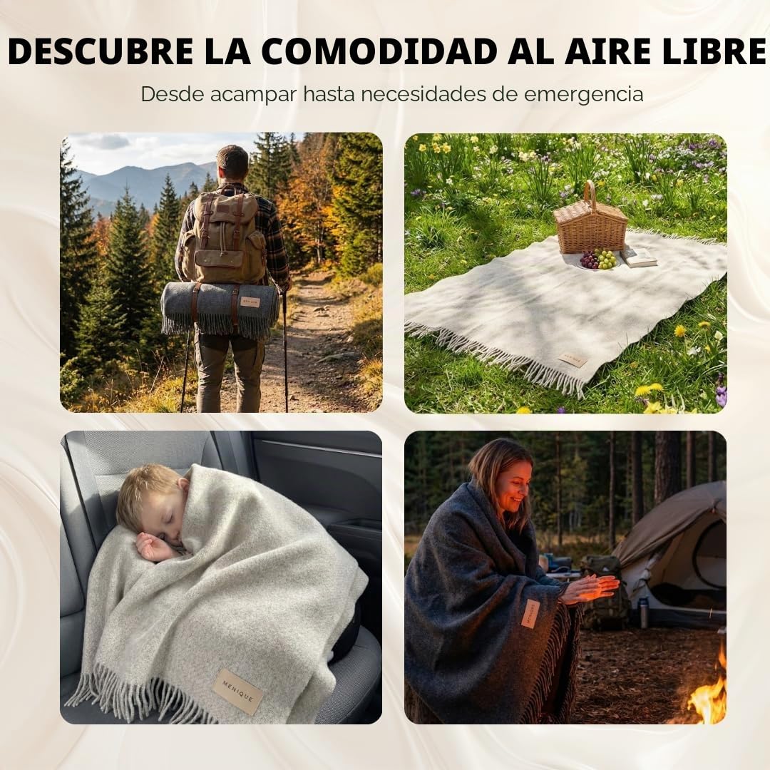 Menique Manta 100% Lana Merino Milan 125x180 cm Gris Oscuro, Gruesa A Cuadros Extra Fina Para Otoño