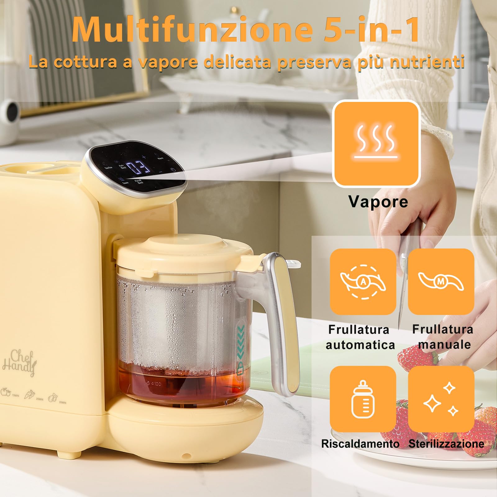 Chefhandy Cuocipappa per Neonati Multifunzione 5-in-1,Omogeneizzatore per Neonati con funzione vapore,frullatura,scaldalatte e allarme acqua insufficiente Per tutte le fasi del bambino (Giallo)