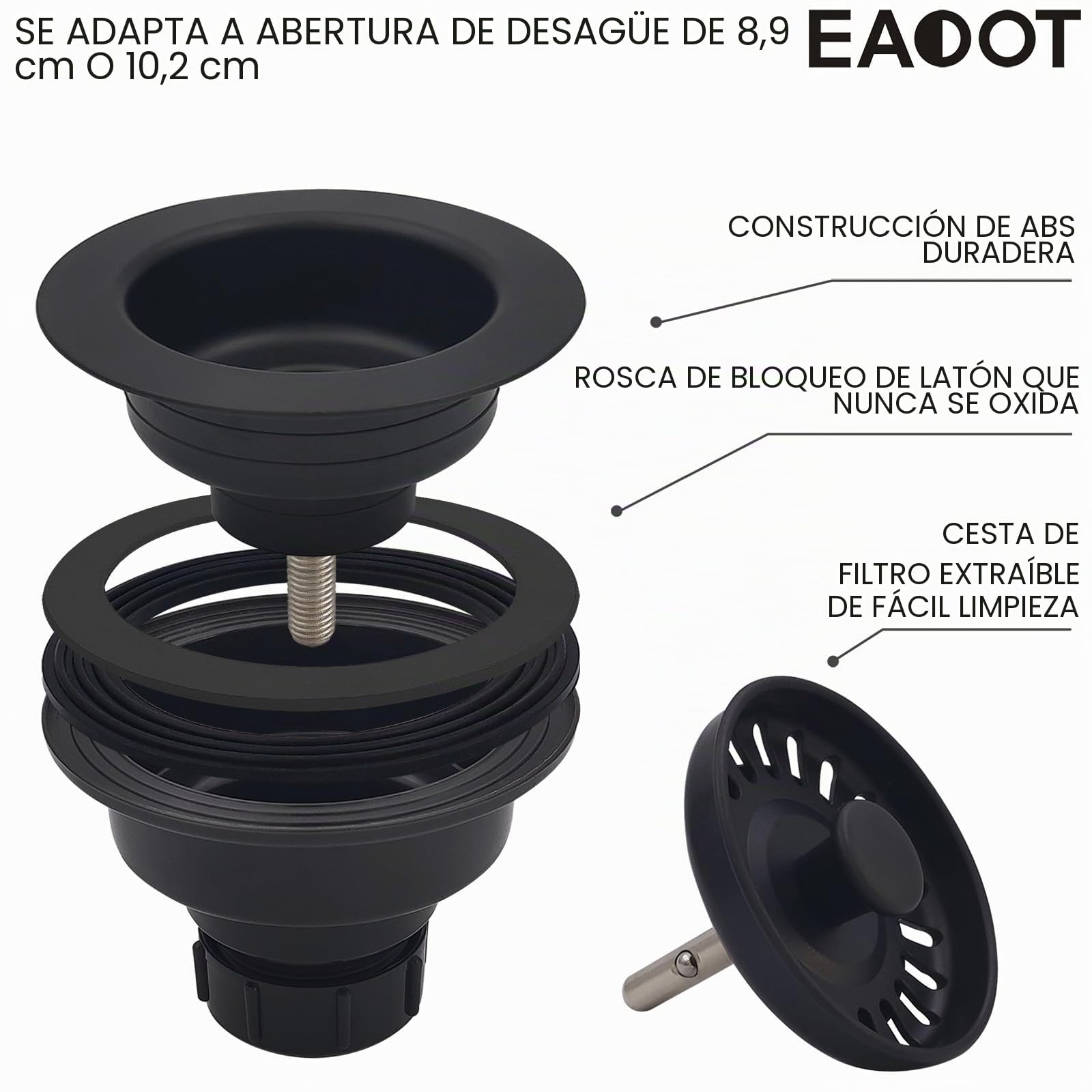 EADOT - Conjunto de Drenaje de Fregadero de Cocina Negro de 3-1/2 Pulgadas con colador de Cesta y tapón, colador de Cesta de Drenaje de Cocina para fregaderos de Cocina de Granito/Arcilla refractaria