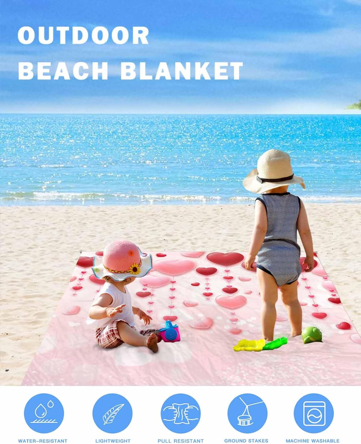 Smile Sunflower Beach Blanket, Valentine's Day Pink Red Love Heart Beach Mat 118"x108" Large Picnic Blanket,Sandproof Waterproof Outdoor Beach Blankets for Travel Camping Hiking Beach Vacation
