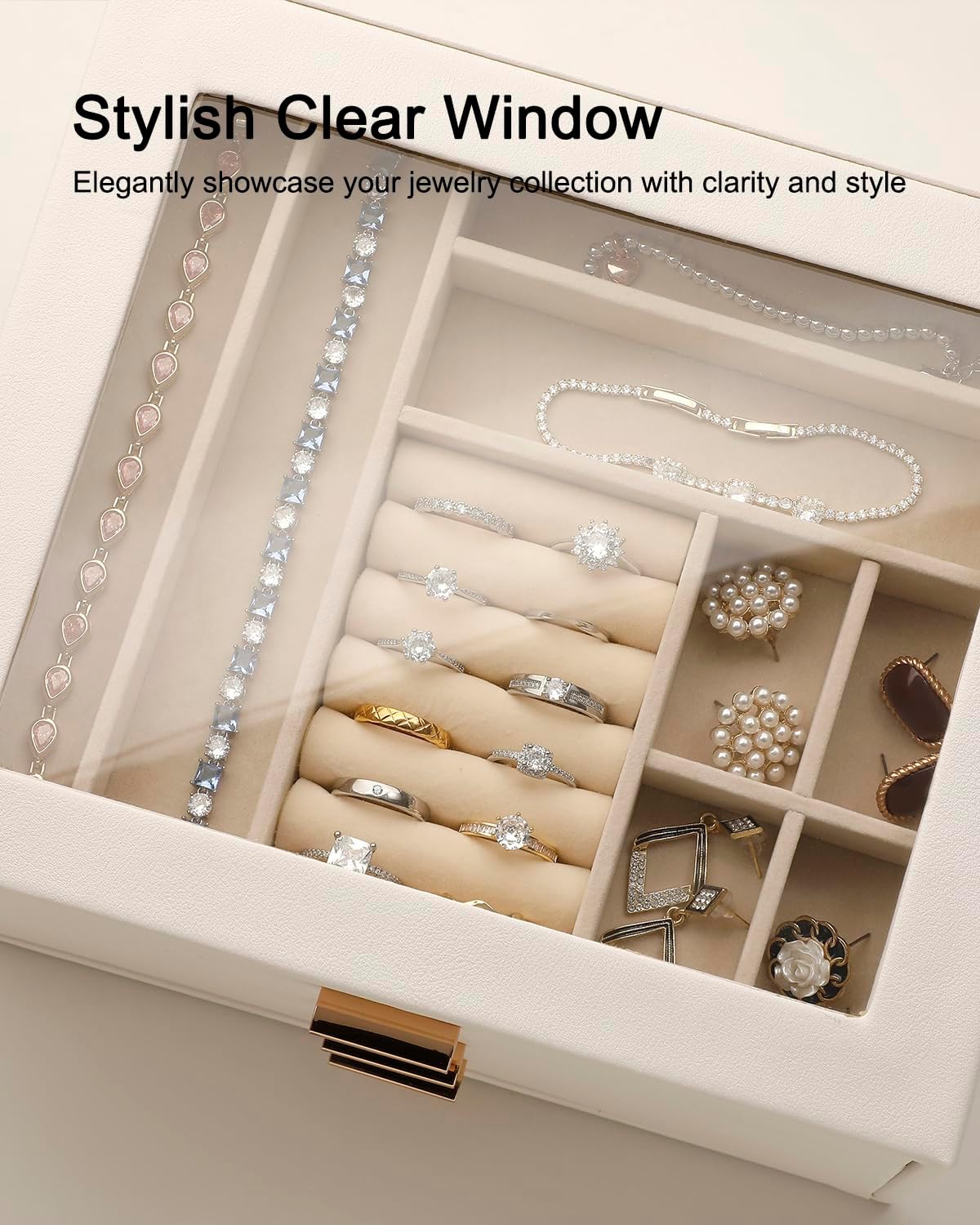 Jewelry Box with Glass Lid, 3-Layer Jewelry Organizer for Women Girls, PU Leather Display Case with 20-Grid Earring Tray & Movable Dividers for Necklaces Rings - Cloud White - Image 5