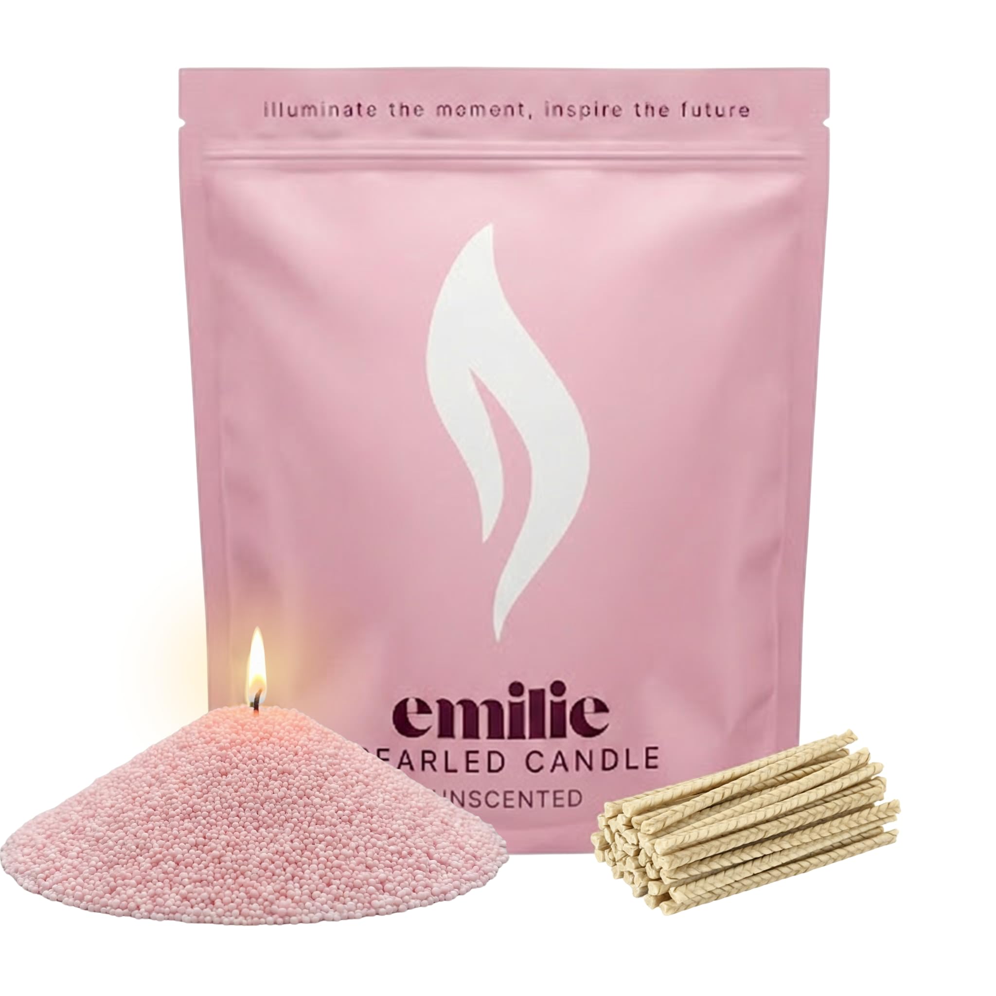 Emilie Pearled Candle 1kg Refillable Wax Pearls – Unscented Candle for Any Container – Pet-Safe, Self-Extinguishing, Plant-Based, Reusable – 50 Cotton Wicks, 200h Burn (Blush Rose)