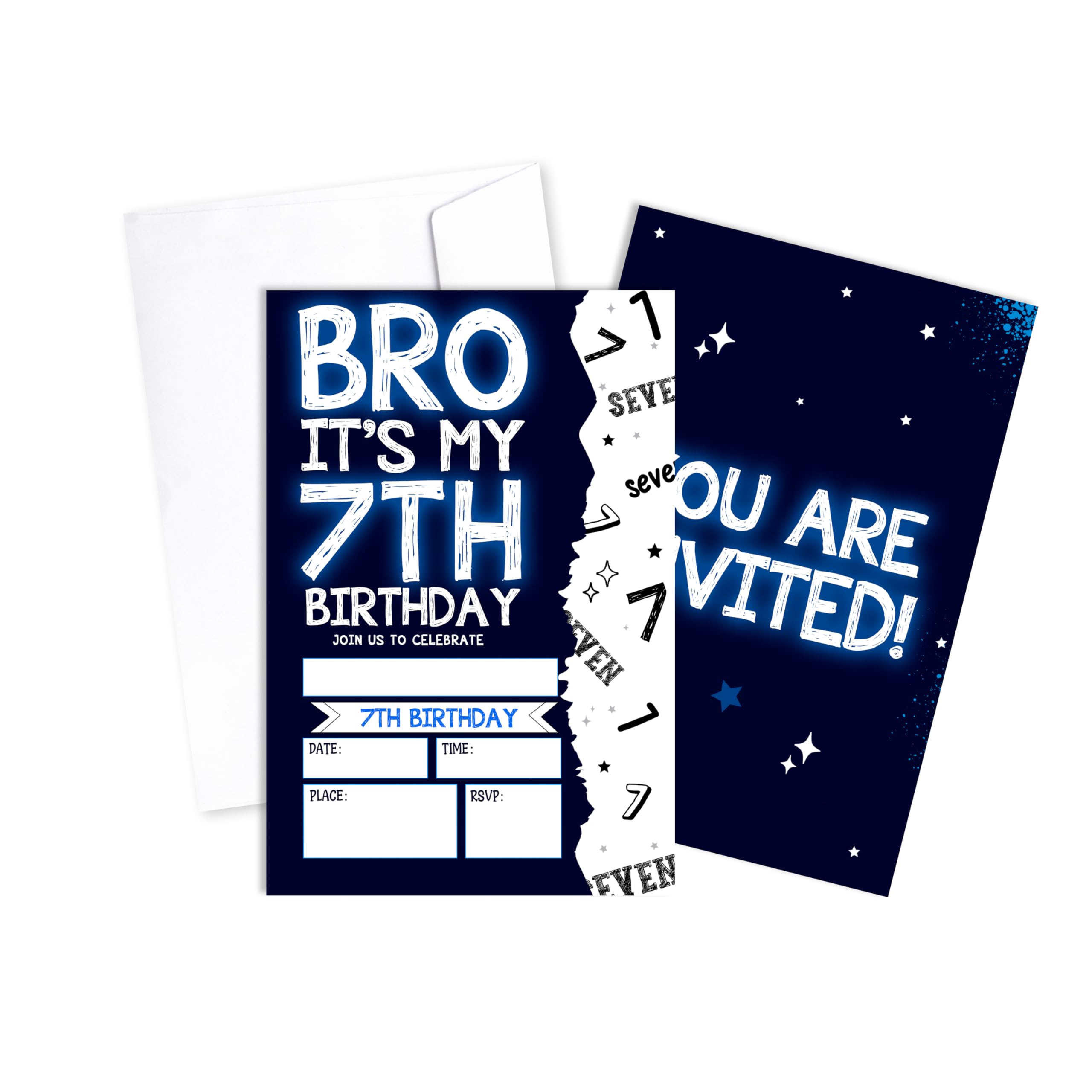 OZTEMETY 7th You're Invited Cards Birthday Invitations Cards, 20 Party Invite Cards With Envelopes, Double Sided Neon Light Style Invites, Birthday