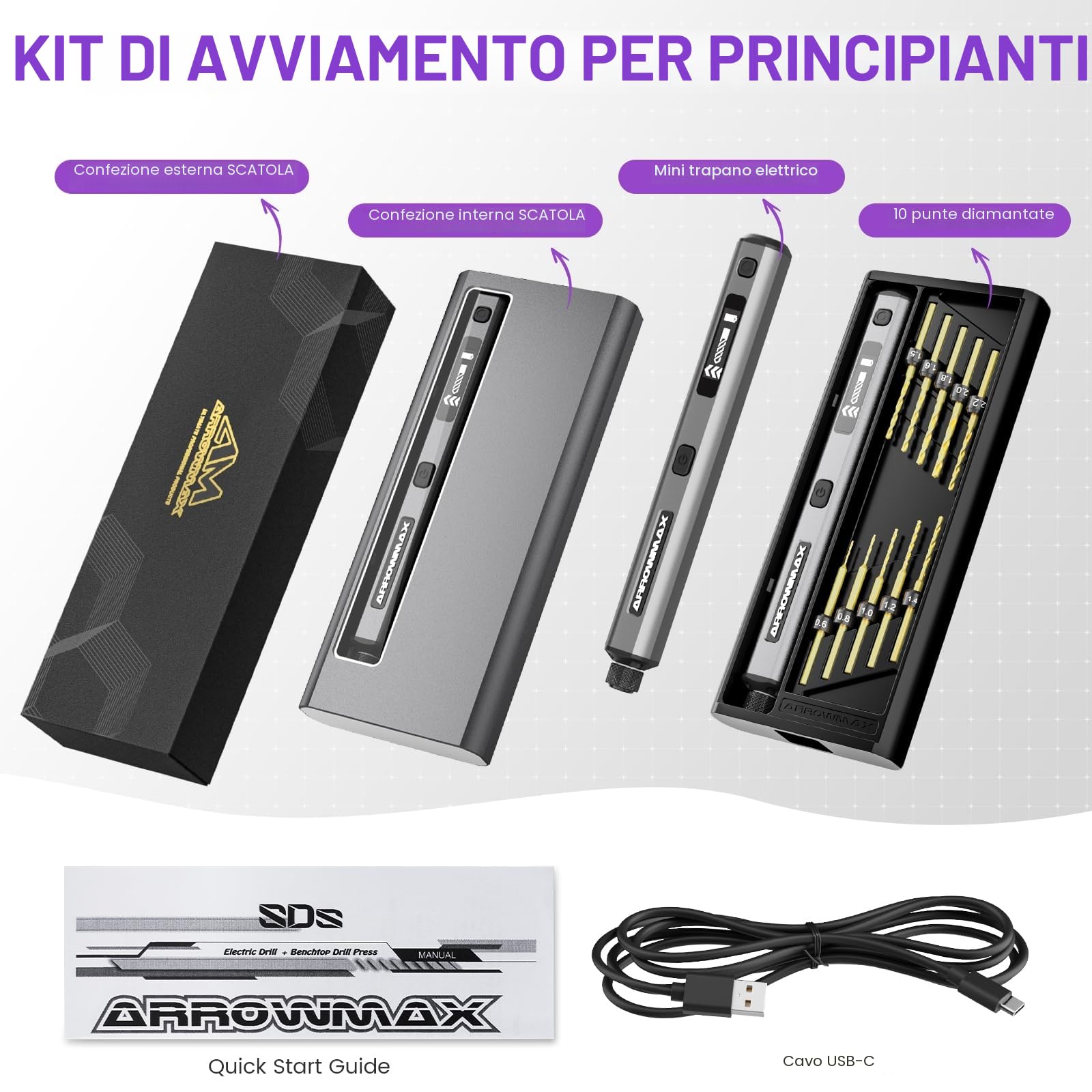 ARROWMAX Mini trapano elettrico a 5 velocità, 10 piccole punte da trapano con scatola in alluminio, display OLED, luci a LED, piccolo set di trapano elettrico per resina, gioielli, artigianato