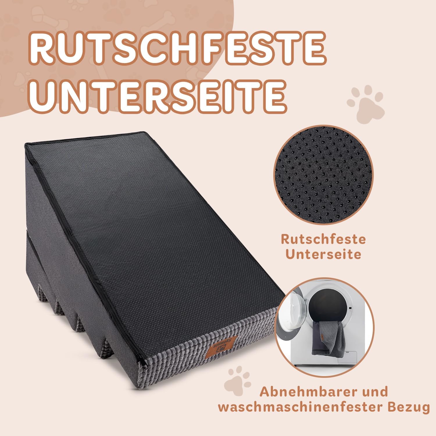 Sytopia Escalera para perros grandes, 5 peldaños de altura, para cama de 60 cm, lavable, espuma de alta densidad, para perros mayores heridos (57 cm de altura, gris)