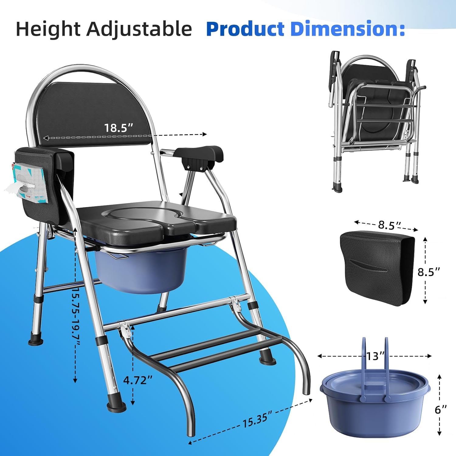 Folding Bedside Commode Chair for Elderly with Adjustable Height, Toilet Seat with Footrest and Soft PU Seat Cushion, Adults Potty Chair with Storage Cloth Bag for Seniors, Disabled (Black)
