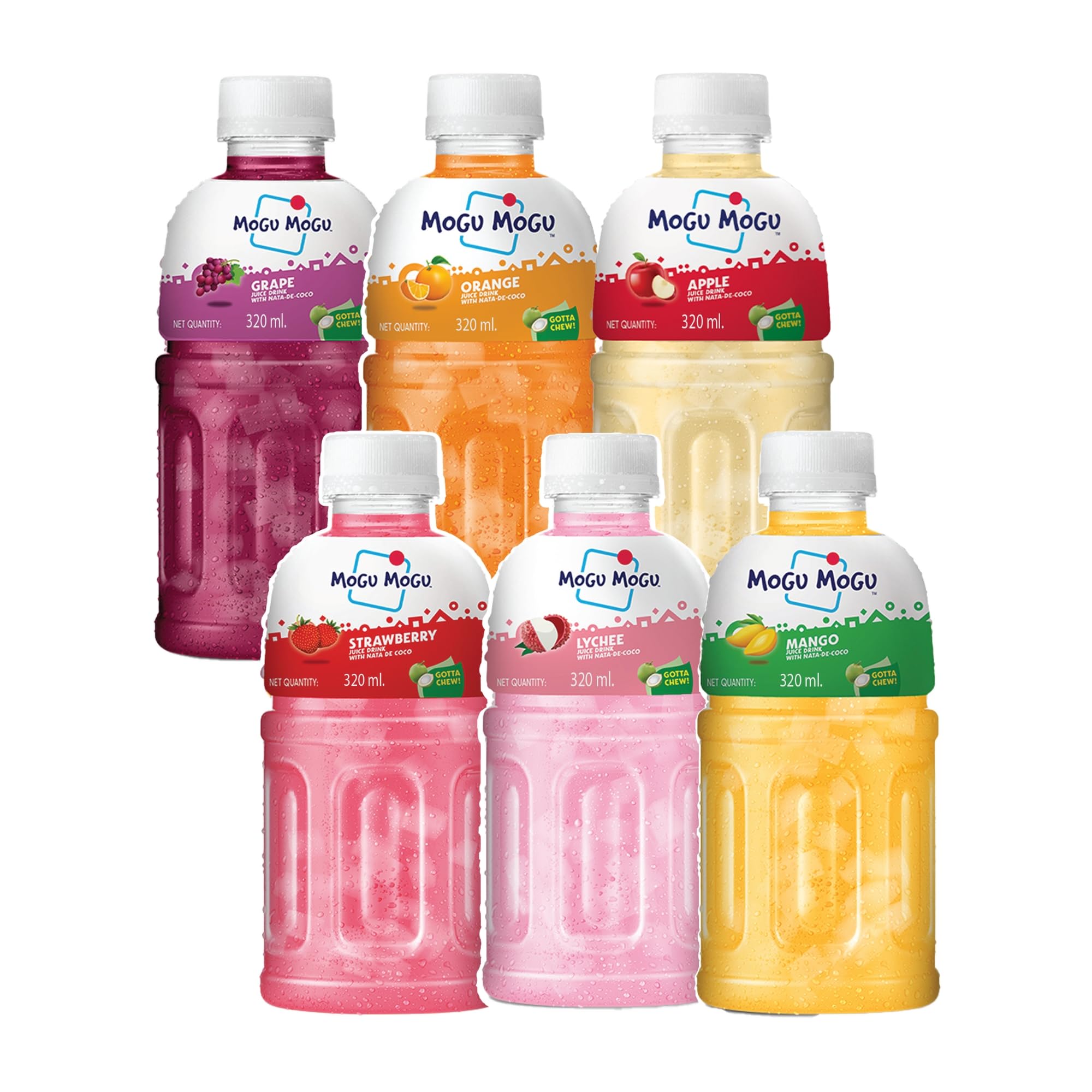 Mogu Mogu Multi Flavour Juice Drink with Nata de Coco Jelly 320ml (Pack of 6) | Refreshing Tropical Thai-Made Sip & Chew Beverage.