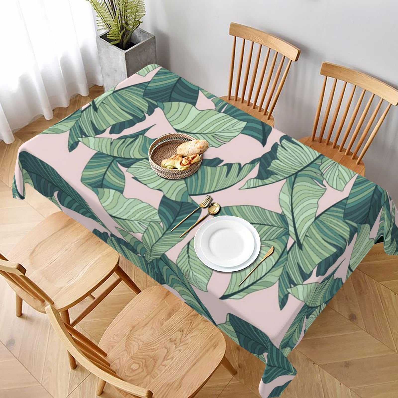 BNVSADC green palm tree leaves pink Printed Rectangle Tablecloth 228x152 CM, Water Resistant Polyester Table Cloth Decorative Fabric Table Covers for Kitchen Dining Table Parties Camping