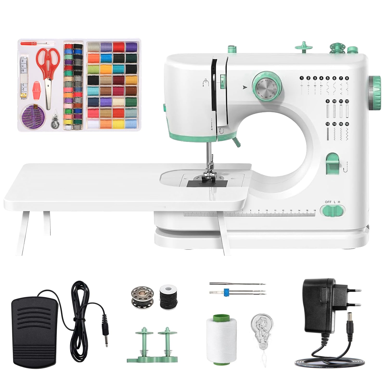 Machine À Coudre Professionnelle avec Grande Table à Coudre | Machine à Coudre Portable et Polyvalente, Machine à coud-re débutant avec 16 programmes de couture de couture 64 couleurs