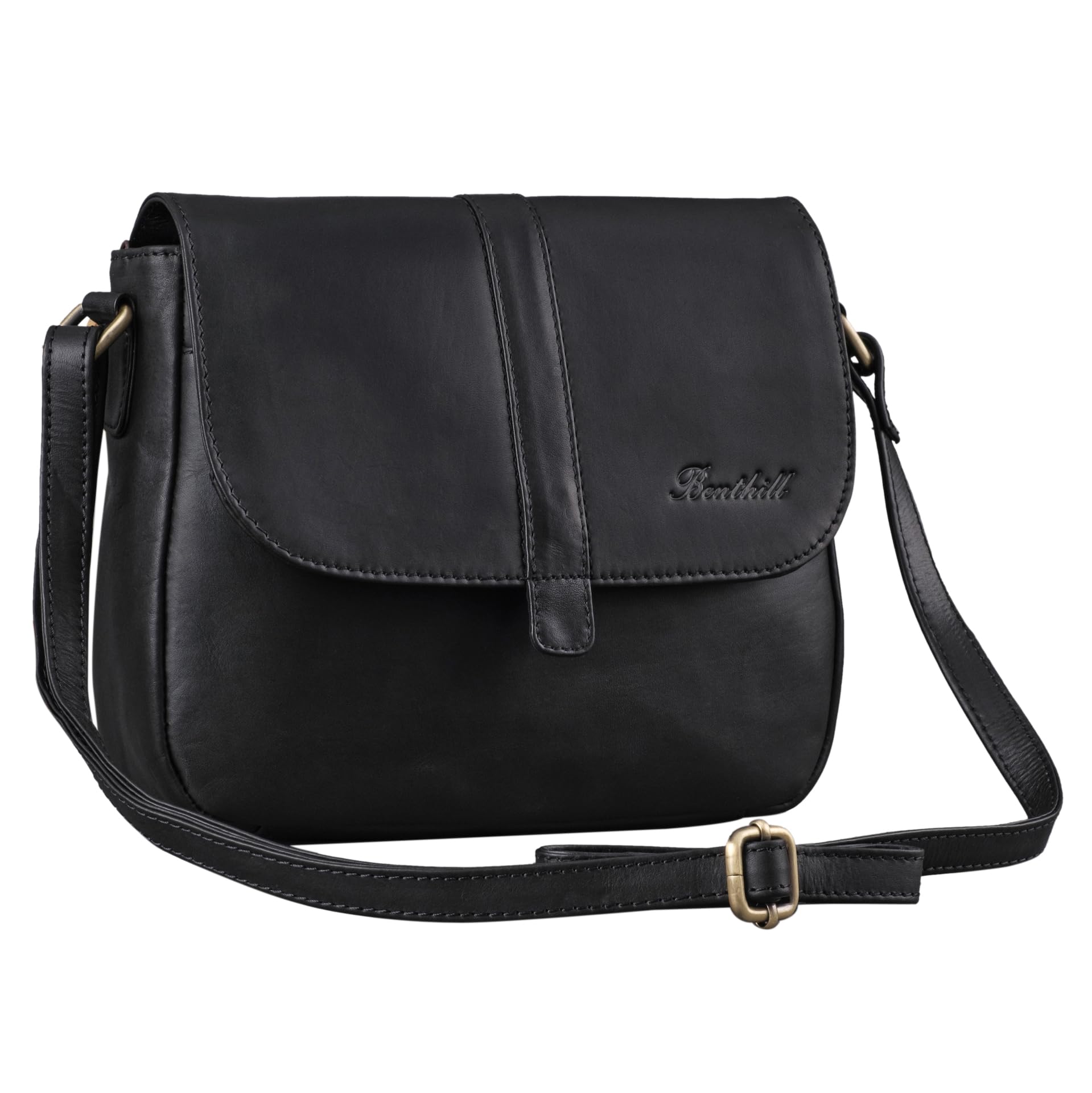 Benthill Damen Tasche aus Echt-Leder - Handtasche aus Rindsleder - Schultertasche mit Reißverschluss - Vintage Umhängetasche, Farbe:Schwarz