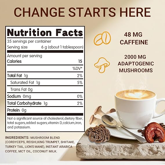 Mushroom Coffee, Instant Mushroom Coffee Organic with 6 Mushrooms Lions Mane, Cordyceps, Turkey Tail & Other for Energy, Focus, Digestion, Immunity, 35 Servings