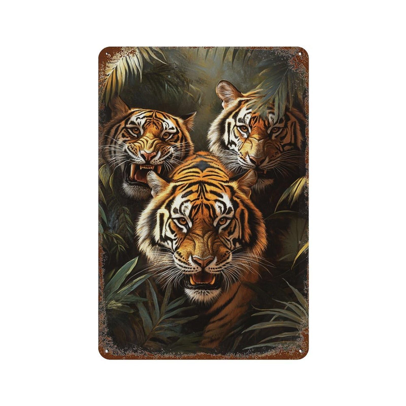 Rust Effect Tiger Trio in Amazon Jungle Rusty Metal Tin Sign 11.8"x7.9", Decorative Metal Wall Art for Farmhouse, Kitchen And Entryway Decor
