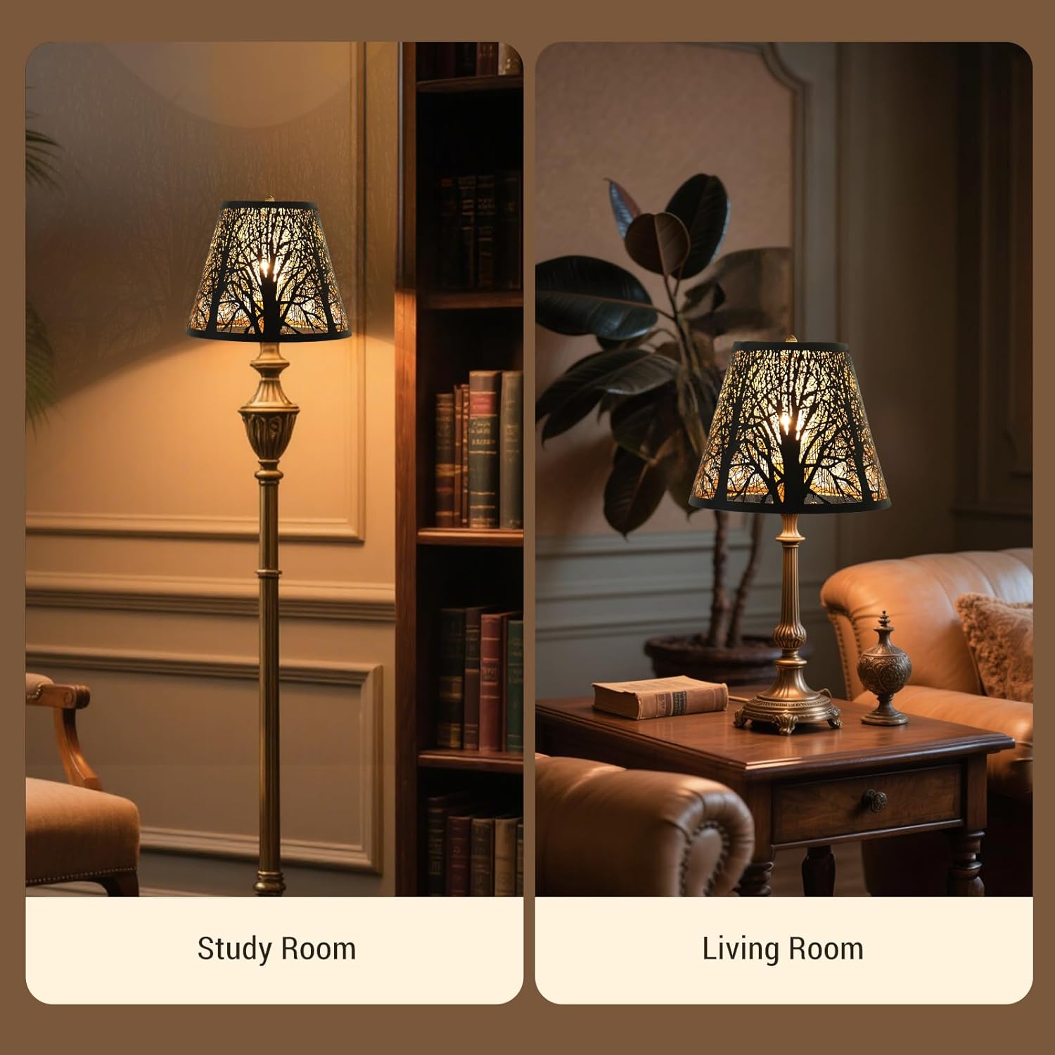 Small modern black gold lamp shades,metal boho scalloped lamp shade,Lamp shade replacement 5" top, 9" bottom, 7" high (Spider Fitter) lamp shades for table lamps and floor lamp,Unique Forest Etched