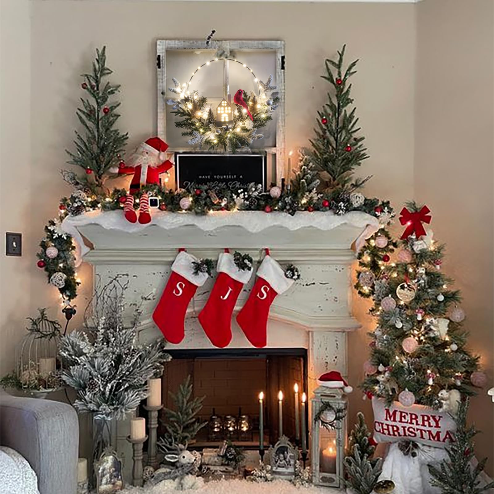 Atemberaubender vorbeleuchteter Weihnachtskranz für Haustür (40,6 cm), Türkranz, 40 LEDs, bezaubernder Kardinal und Haus, Weihnachtsfeiertage, Winterdekoration