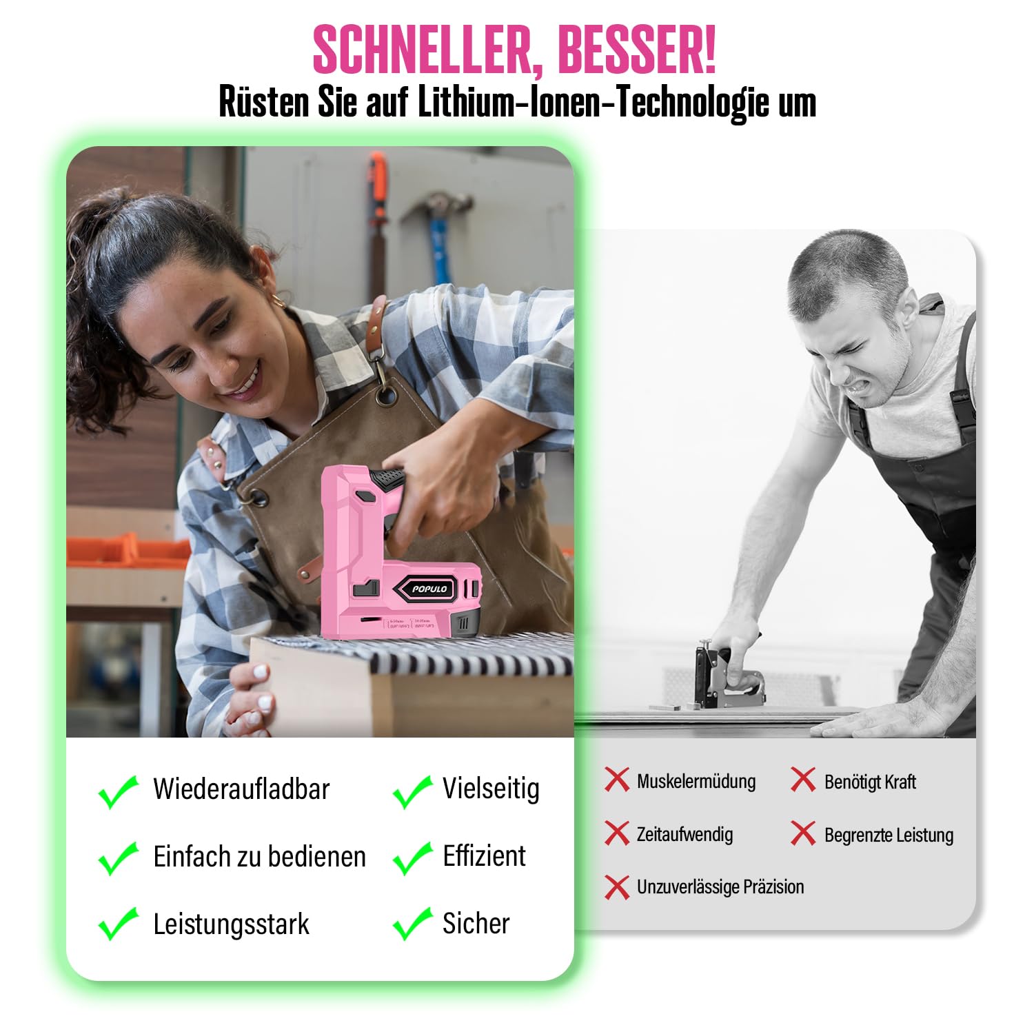 POPULO Akku Tacker, 2-in-1 Lithium-Ionen-Heftgerät, 4V Nagelgerät Set Mit Ladekabel, 2600 Heftklammern & Nägel, Power-Tacker Inklusive Nagelzieher für Bastelarbeiten, DIY und Polsterarbeiten, Rosa