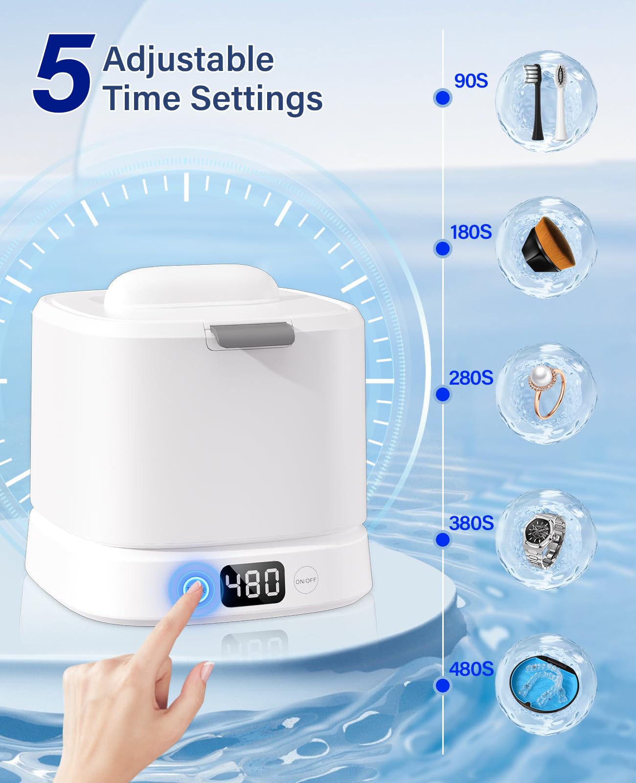 Macchina per la pulizia a ultrasuoni, per la pulizia dentale, con timer digitale per protesi, allineatori, parentesi graffe, guardie notturne, gioielli, 45 kHz/319 ml (bianco)
