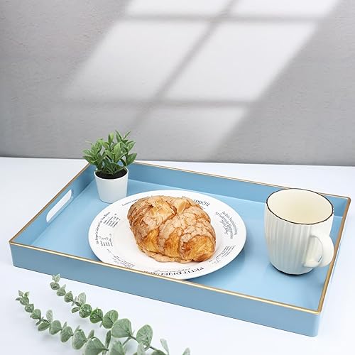Miniatura 4 de Spsyrine Bandeja decorativa azul con asas, elegante bandeja de plástico para mesa auxiliar otomana, sala de estar, decoración del hogar, 15.6 x 10.2