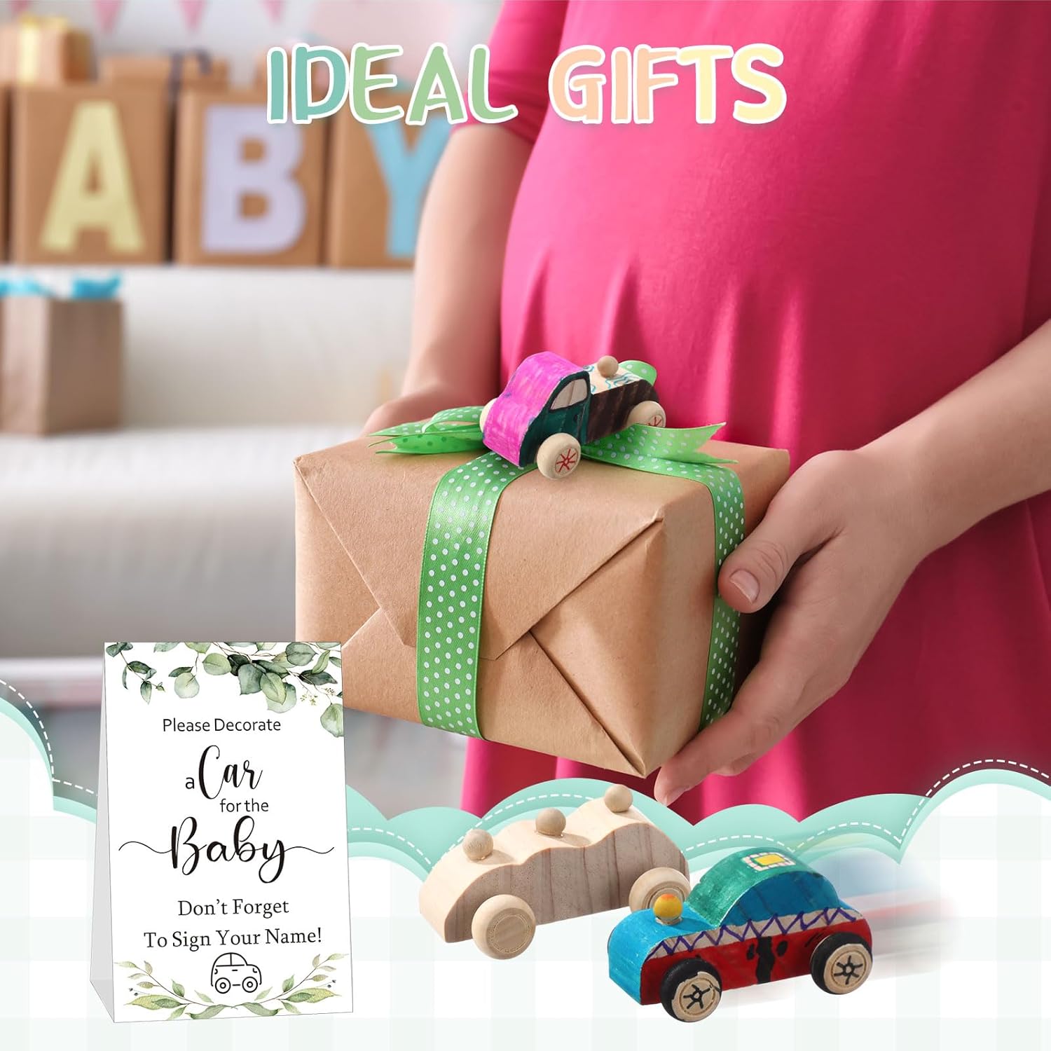 WinnerWhy Baby Shower Game Sign Kit Includes 32 Unfinished Wooden Car Blocks, 12 Markers, and a Prize Decoration Sign for Baby Shower(Leaf)
