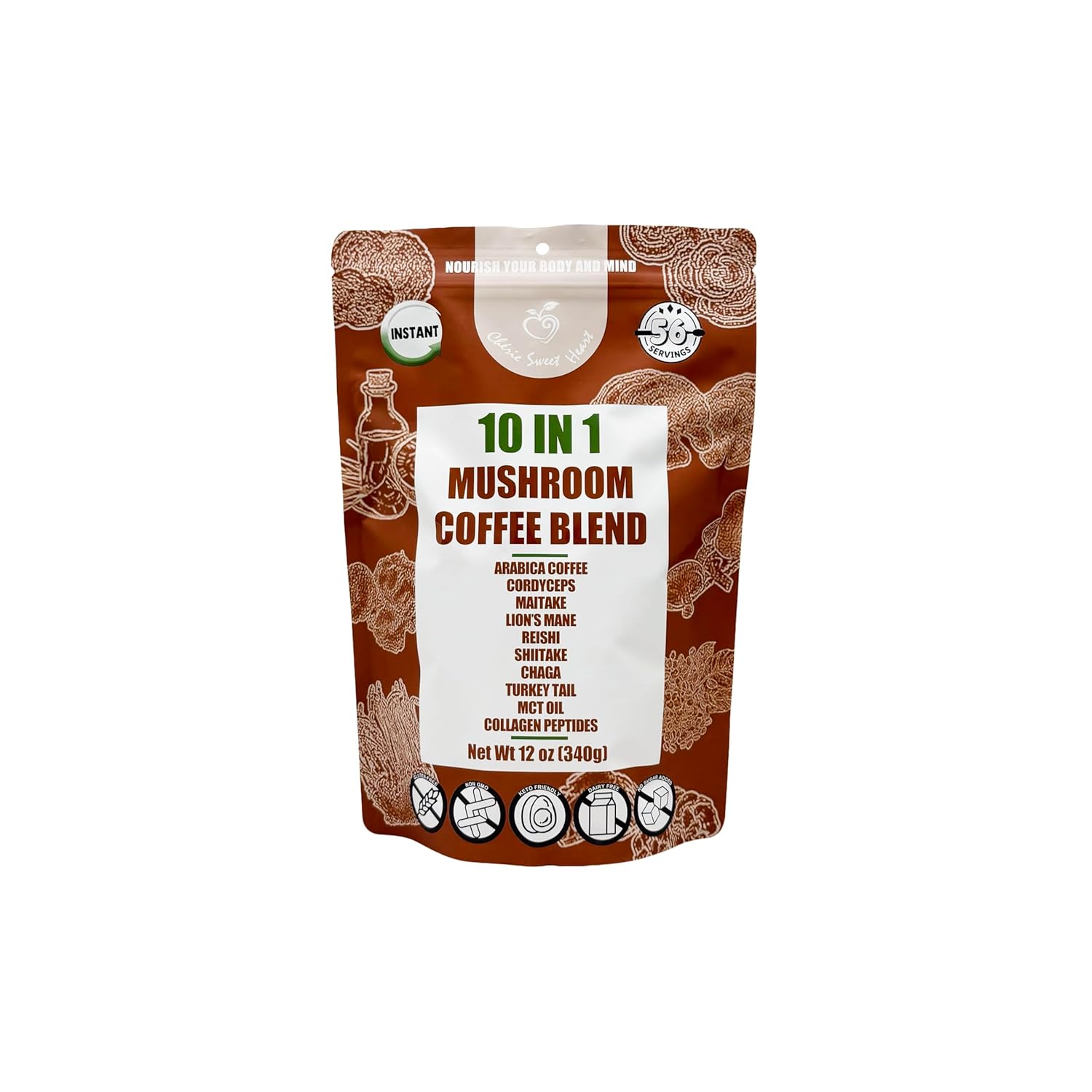 Mushroom Coffee (56 Servings) 10 in 1 (Lion’s Mane, Cordyceps, Turkey Tail, MCT Oil, Collagen & Other) Mixed With Gourmet Arabica Instant Immune Boosting for Focus & Gut Health Support