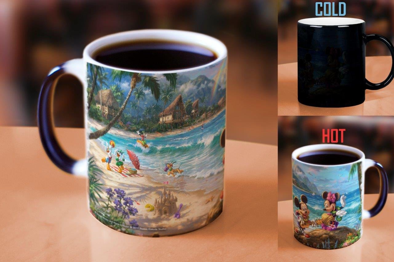 Morphing Mugs Disney - Mickey y Minnie Mouse - Hawaii - Una taza de cerámica sensible al calor que cambia de color de 11 onzas - Imagen revelada cuando se añade líquido caliente