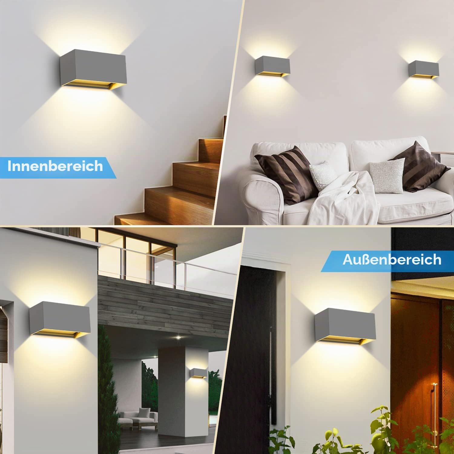 Kingwen LED Wandleuchte außen Grau 4er Set,20W 2000lm 3000K,IP65,Up Down | Aluminiumgehäuse;Abstrahlwinkel 0-120° einstellbar;für Fassade,Eingang,Terrasse,Flur,Treppe und Hauswand
