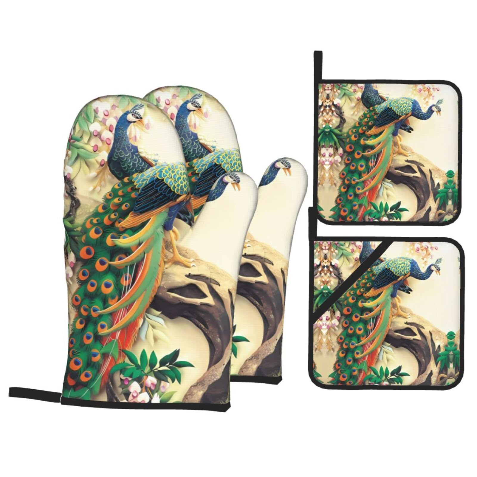 WHJSSF Oriental Peacock on Flower Tree Prints 4-Piece Waterproof Oven Throws & Heat Resistant Pot Covers – Durable Kitchen Layers for Grilling & Baking