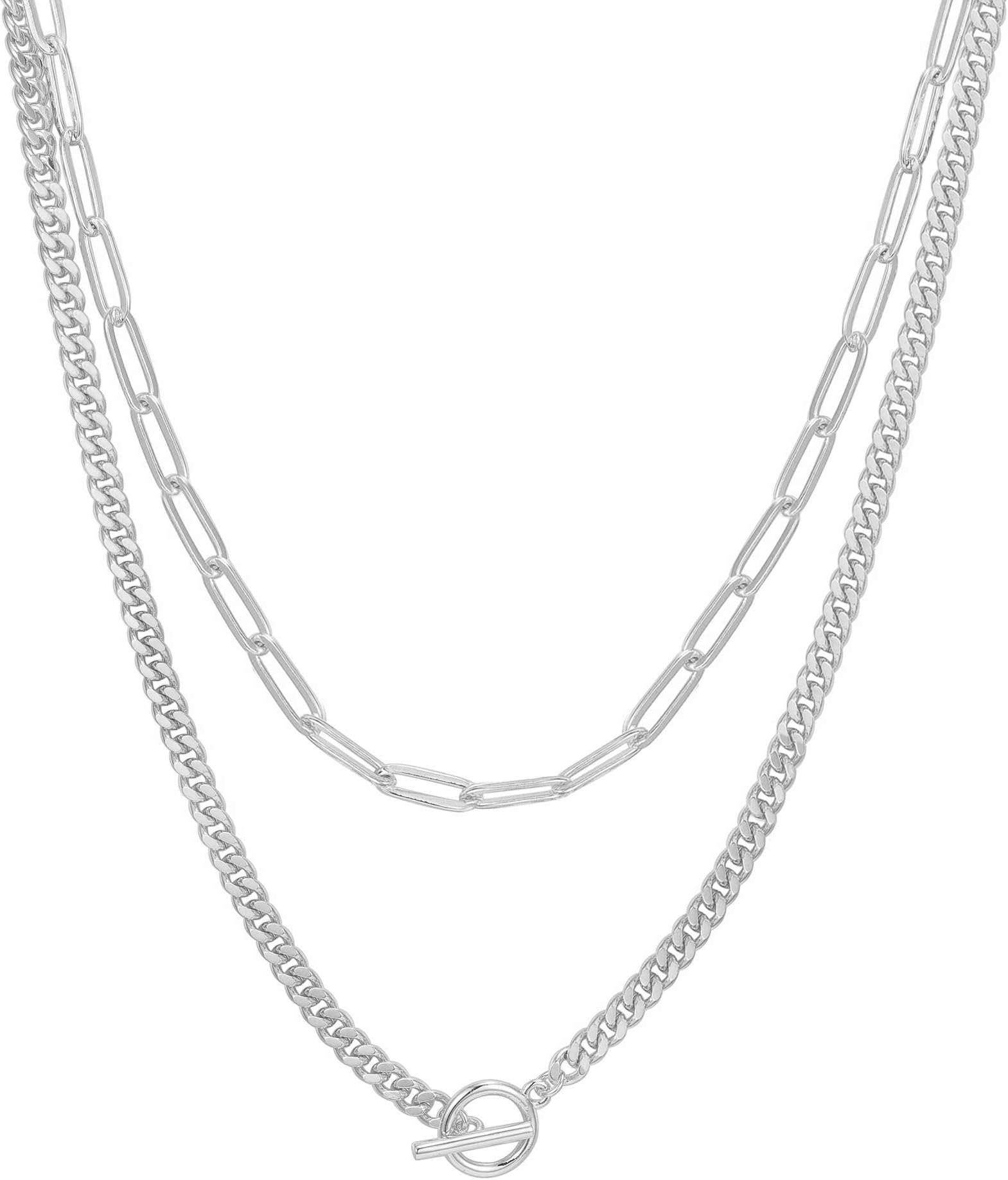 PAVOI14K Gold Plated Layered Chain Necklace for Women | Layering Necklace (Lock, White Gold Plated)