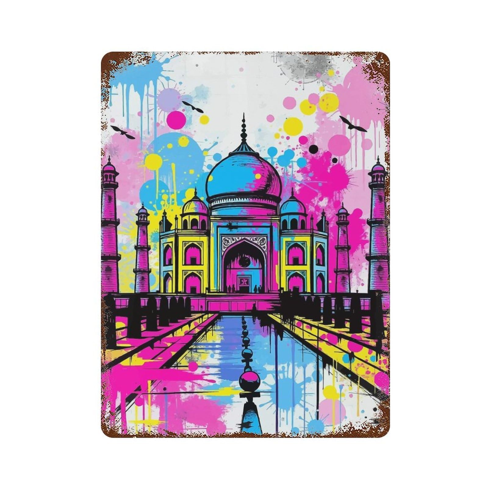 Decorative Tin Sign with Taj Mahal Pop Art Design 15.7"x11.8", for Garage, Bar And Workshop Decor, Farmhouse Wall Decor