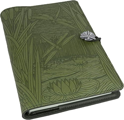 Funda de cuero genuino recargable para diario con un inserto en blanco rígido, 6 x 9 pulgadas, estanque de libélulas, helecho con botón de peltre,