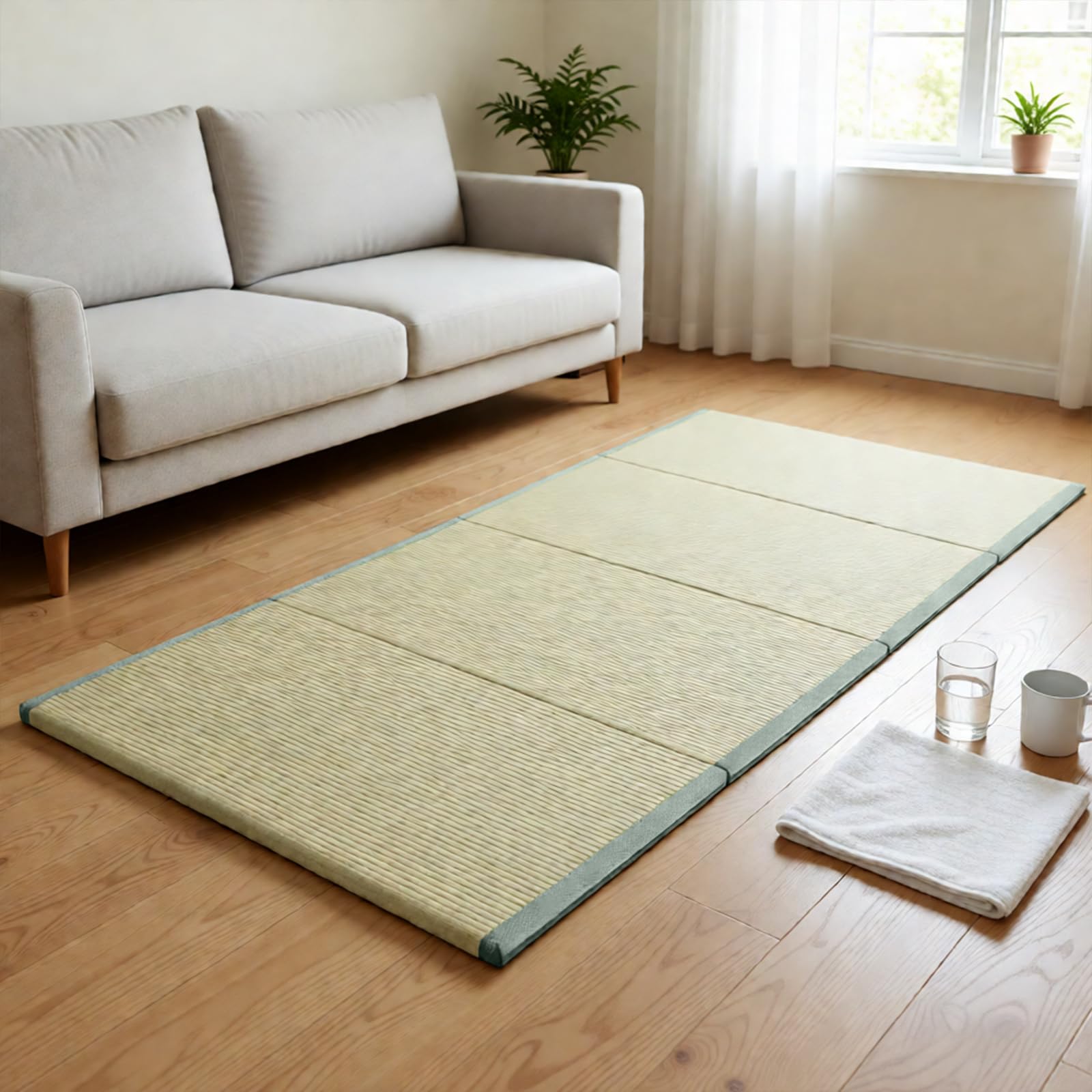 Materasso Tatami Tradizionale Giapponese con Erba Corsa Verde Naturale, Tappeto a Pavimento Portatile a 4 Volte, Tessuto Comodo e Traspirante per Letto/Meditazione/Yoga(Size:100x200x3.5cm)
