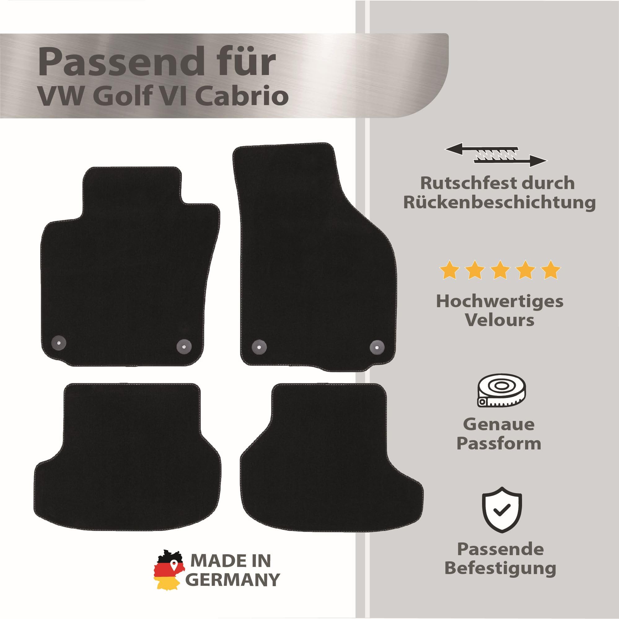 Tapis de Sol pour VW Golf 6 Cabrio (modèles 06/2011-03/2016, Type 5K1) en Velours | Lot de 4 Tapis de Voiture | Qualité Fabricant d'équipement d'origine Durable, fabriqué en Allemagne