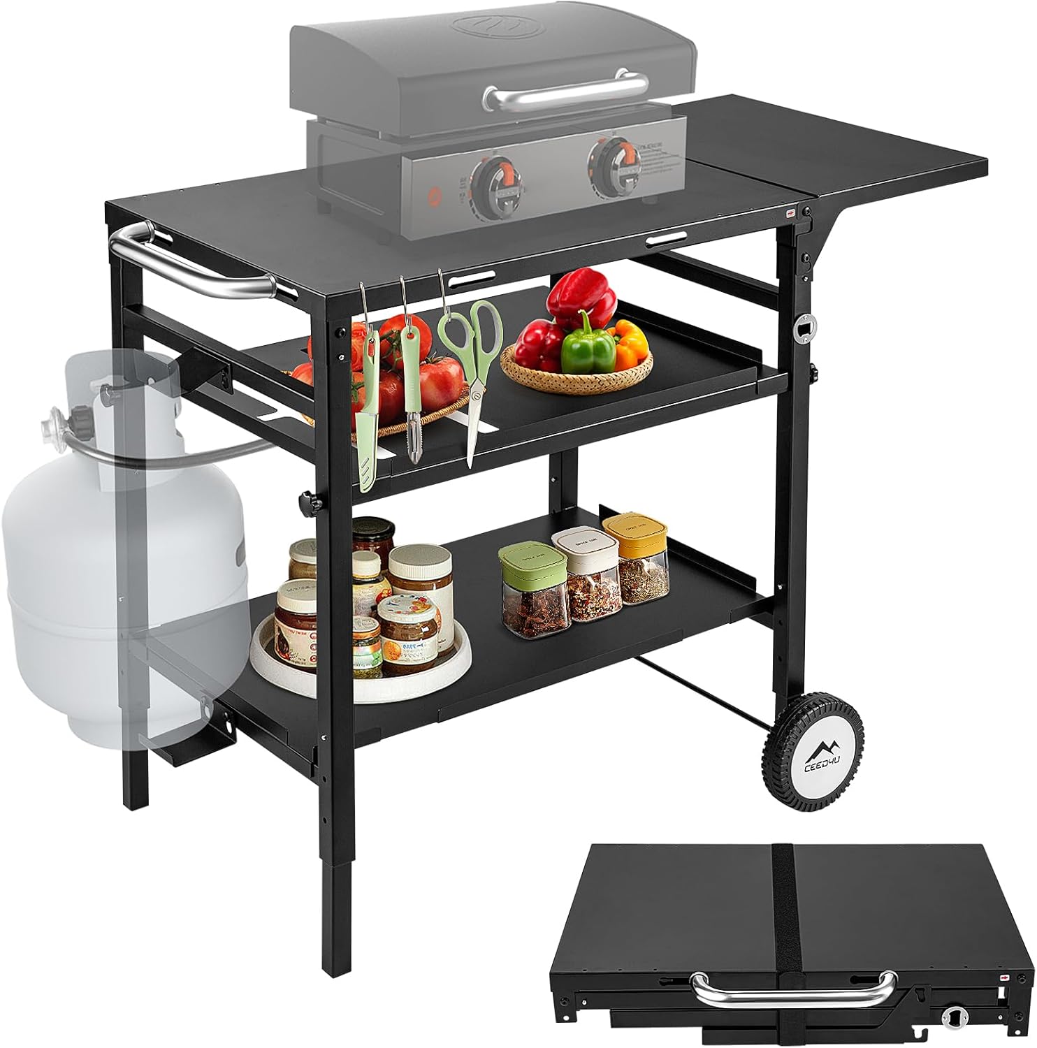 CEED4U Folding Grill Cart Table with ThreeShelf, Movable