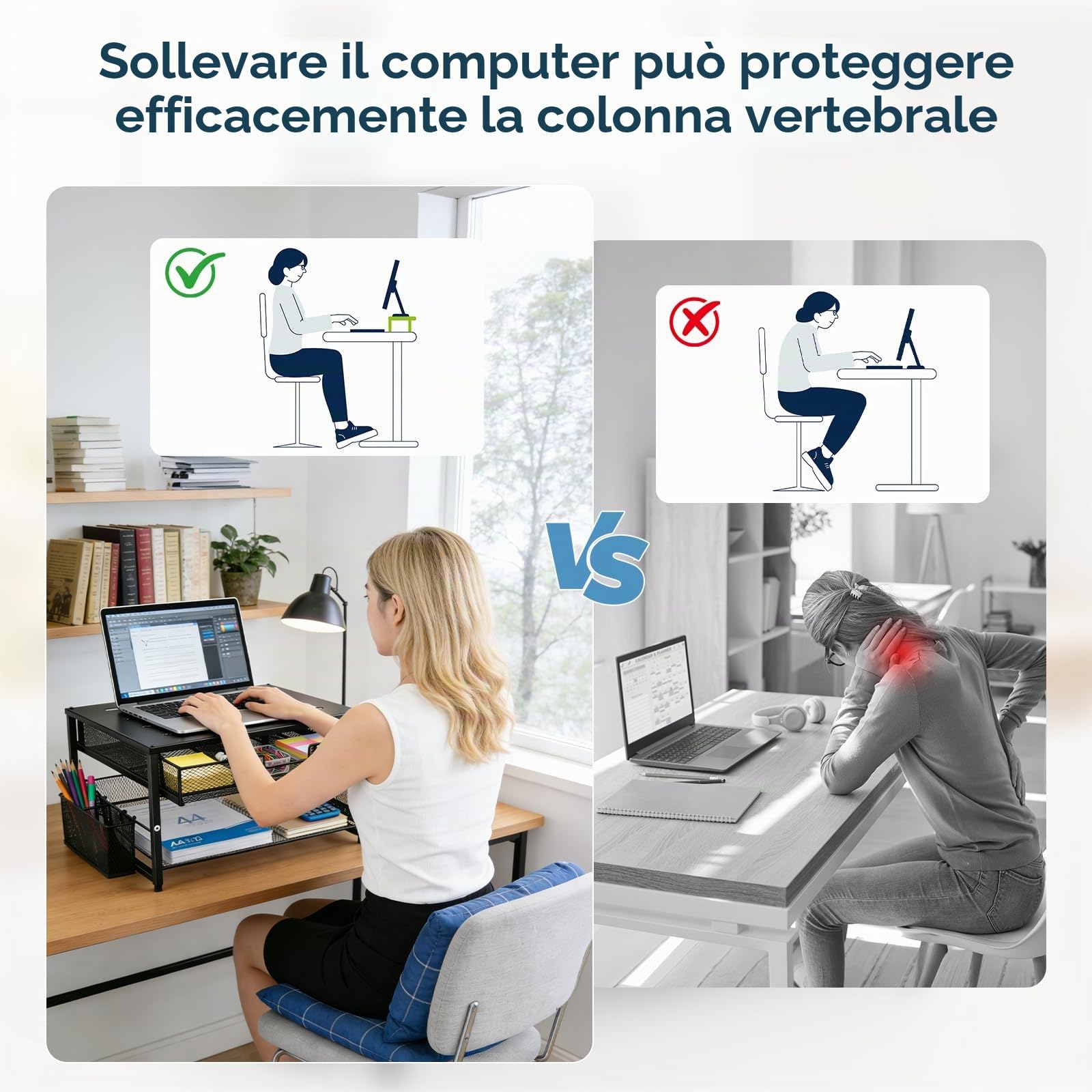 Supporto per monitor, organizer da scrivania in metallo con cassetto e 2 portapenne, rialzo ergonomico per monitor per stampante, laptop e ufficio, espositore a 2 livelli (nero)