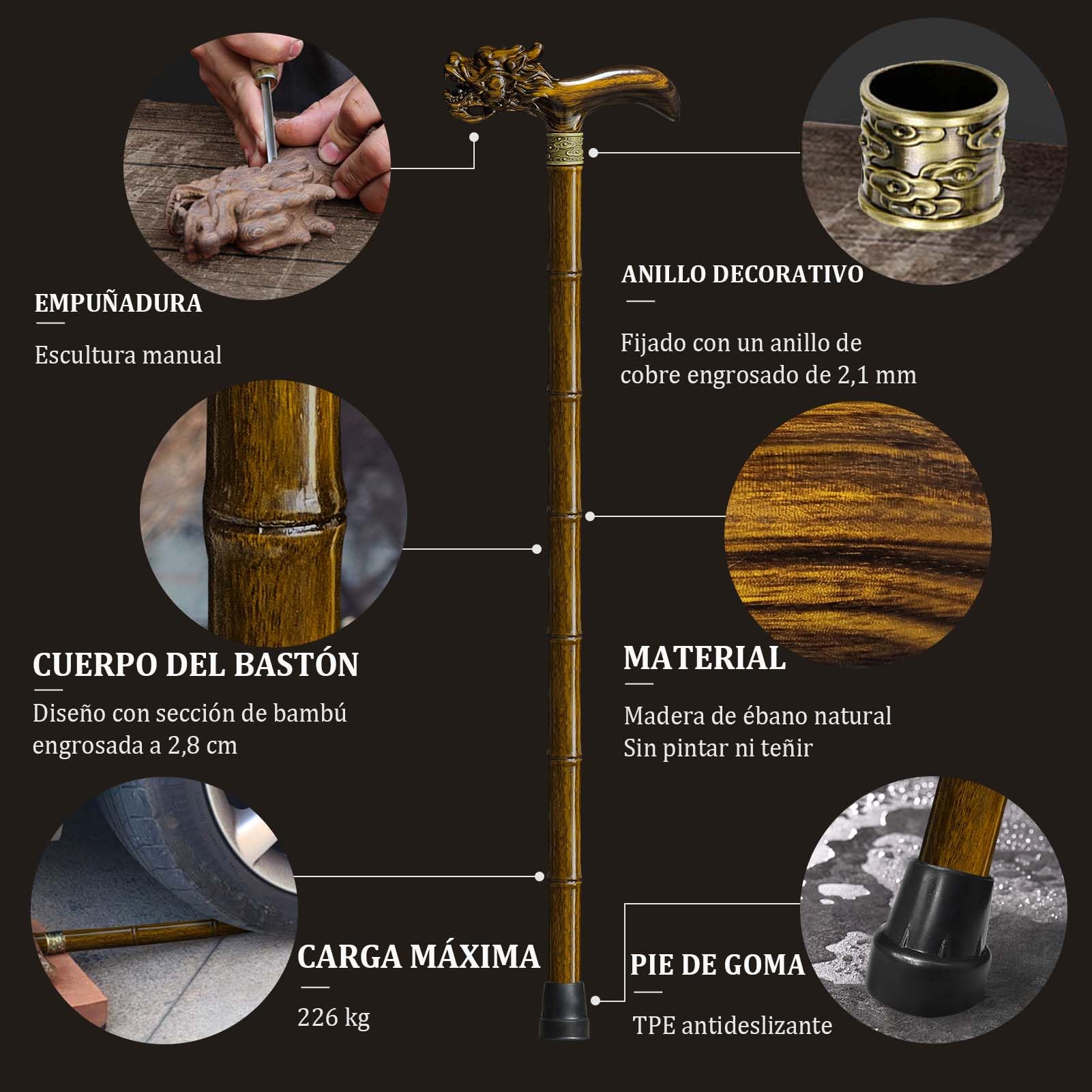 Bastón de Madera Tallado a Mano de para Hombre y Mujer, Diseño Ligero Que Soporta hasta 226 kg, Bastones para Personas Mayores, Adecuado para Regalar (Madera de ébano)