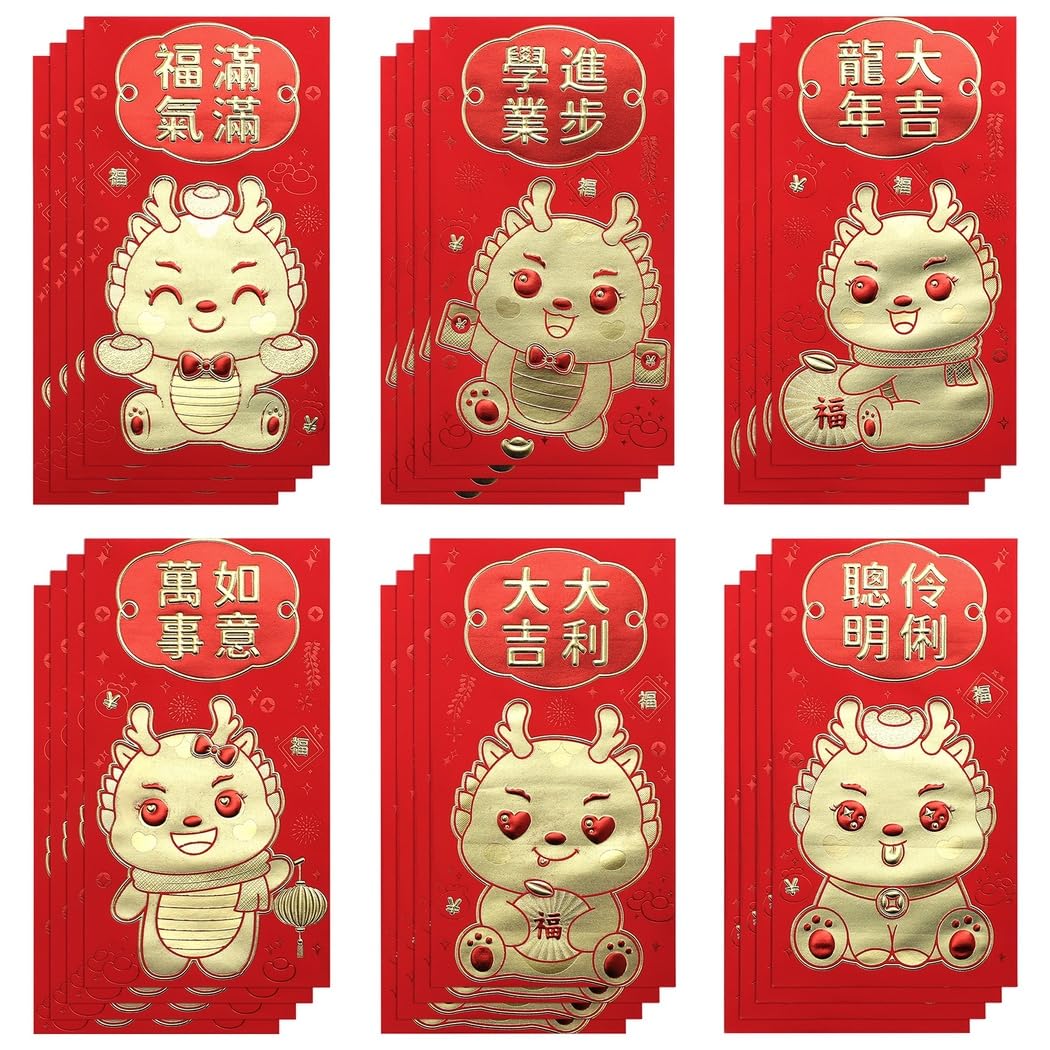 24 Stk. rote Neujahrsumschläge, niedliche Cartoon-Drachen für das Jahr des Drachen 2024, chinesische rote Glücksgeldumschläge zum Frühlingsfest, Hongbao, 6 Designs