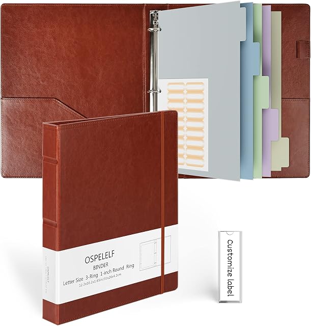 Ospelelf Vintage Hardcover 3 Ring 1 inch Leather Binder, Professional Binder Organizer Suitable for Letter Size, Binder Dividers with Tabs, Faux Yellow Brown Leather
