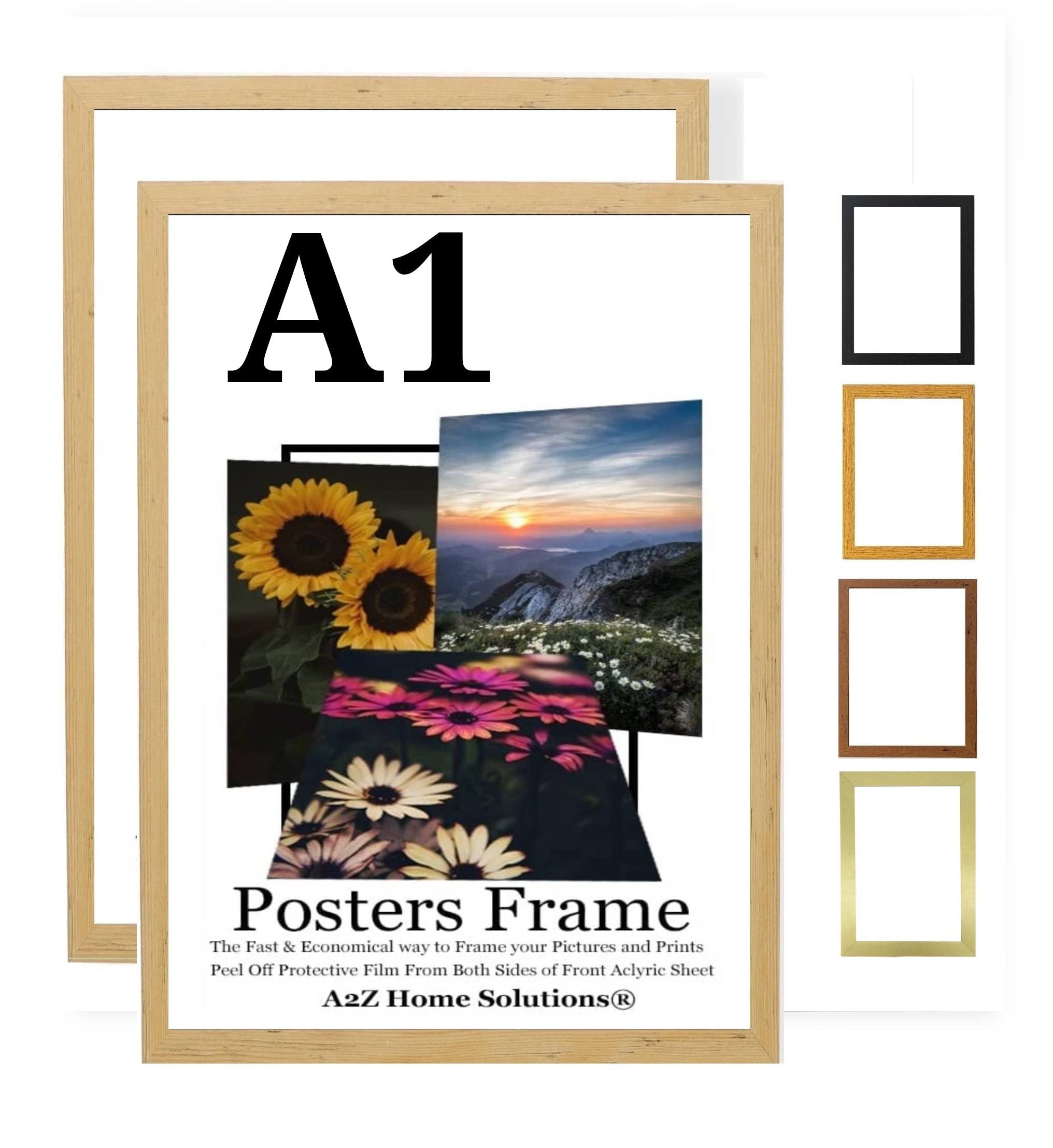 A2Z Home Solutions® Multipack Pine A1 Poster Frames 59.4 x 84.1 cm With Safe Clear Perspex Front & Wall Mounting A1 Frames In Multiple Colors MDF Backboard Portrait or Landscape (2)