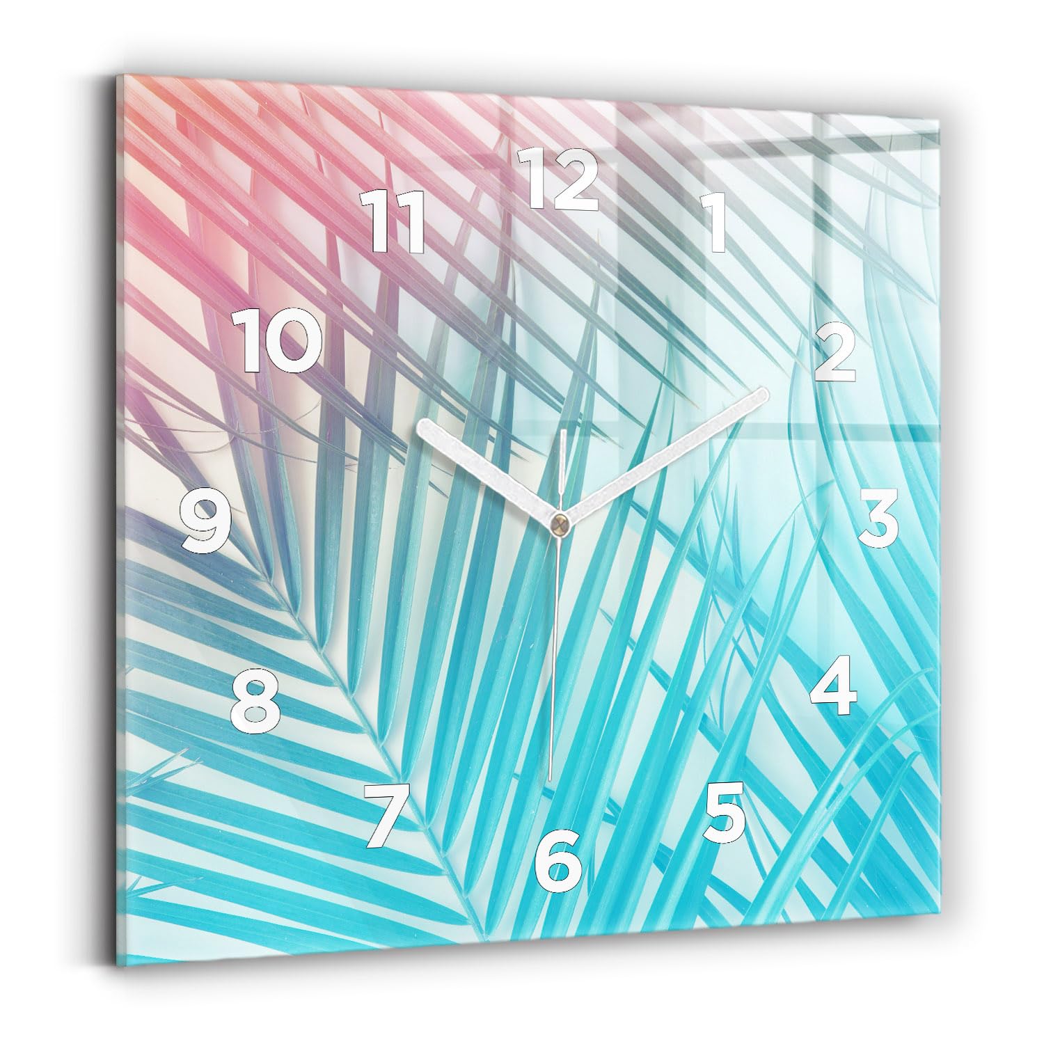 Horloge murale 30x30 cm carrée Wallfluent avec mécanisme silencieux et motif paume tropicale
