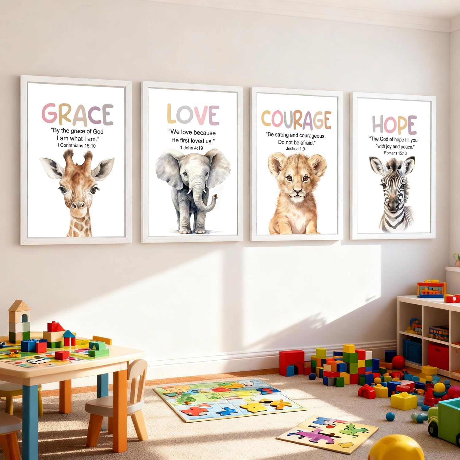 Cute Giraffe Elephant Tiger Zebra Quote Framed Wall Art Set of 4, 11x16 Educational Grace Love Courage Hope Saying Sign for Baby Girl Kid Boy Toddlers, Boho Wooden Inspirational Nursery Wall Decor