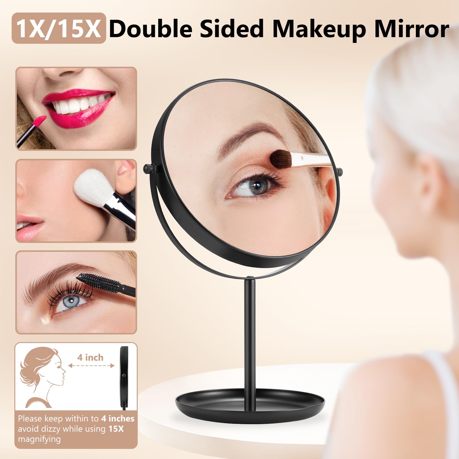 DECLUTTR 15X Magnifying Makeup Mirror, 9 Inch Tabletop Mirror on Stand, Large Double Sided Mirror for Desk,: Black