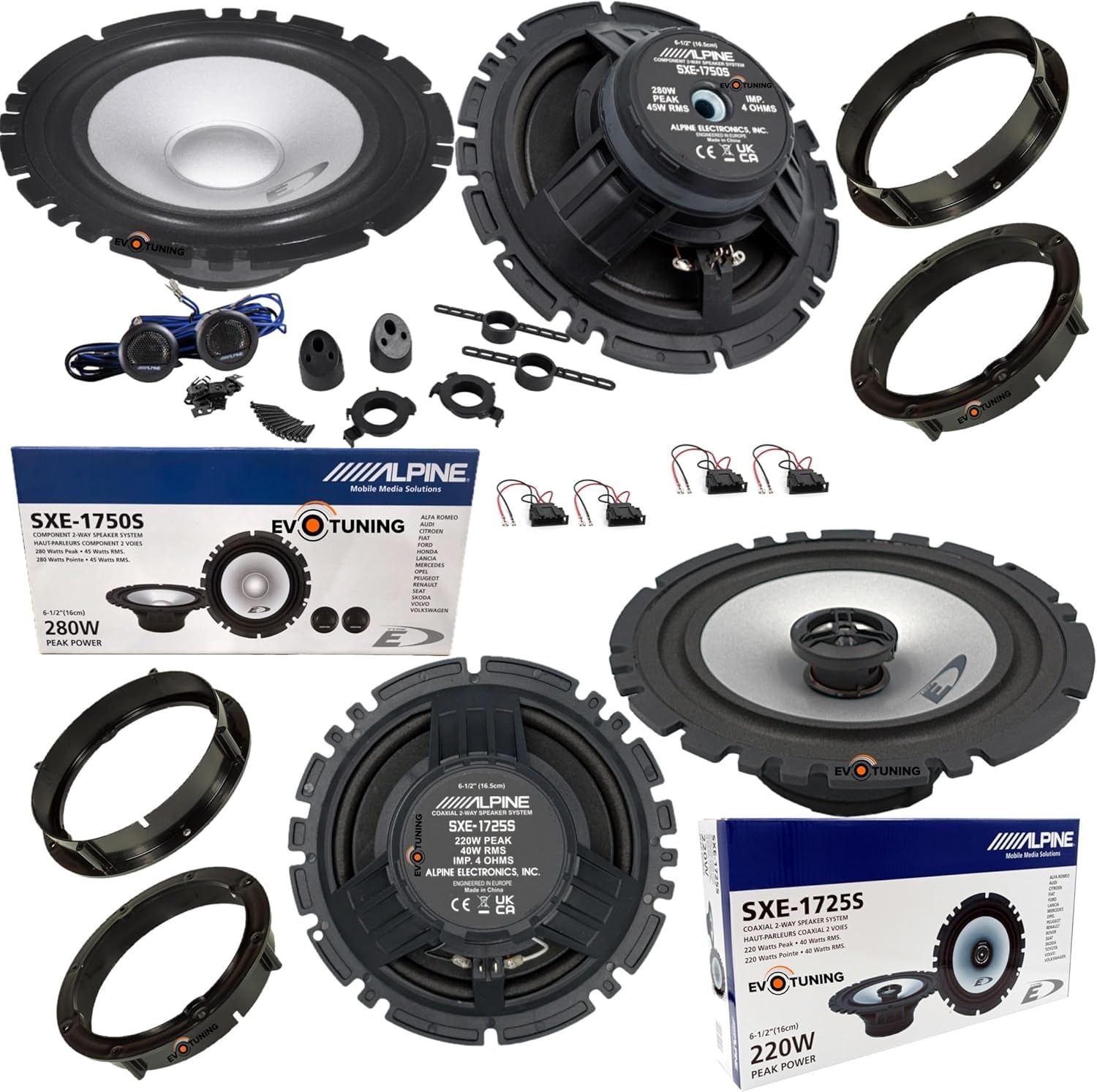 Kit 6 Casse Altoparlanti per VW Golf IV Serie dal 1997 al 2004 Anteriori e Posteriori compatibile con Alpine Sxe-1750S+Sxe-1725S Set 2 Woofer 2 Tweeter 2 Coassiali 4 Anelli 4 Cavi